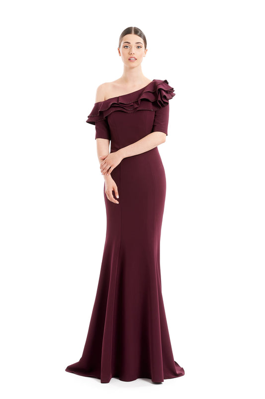 Formal Dresses Fitted Long Formal Pleated Ruffle Dress Wine
