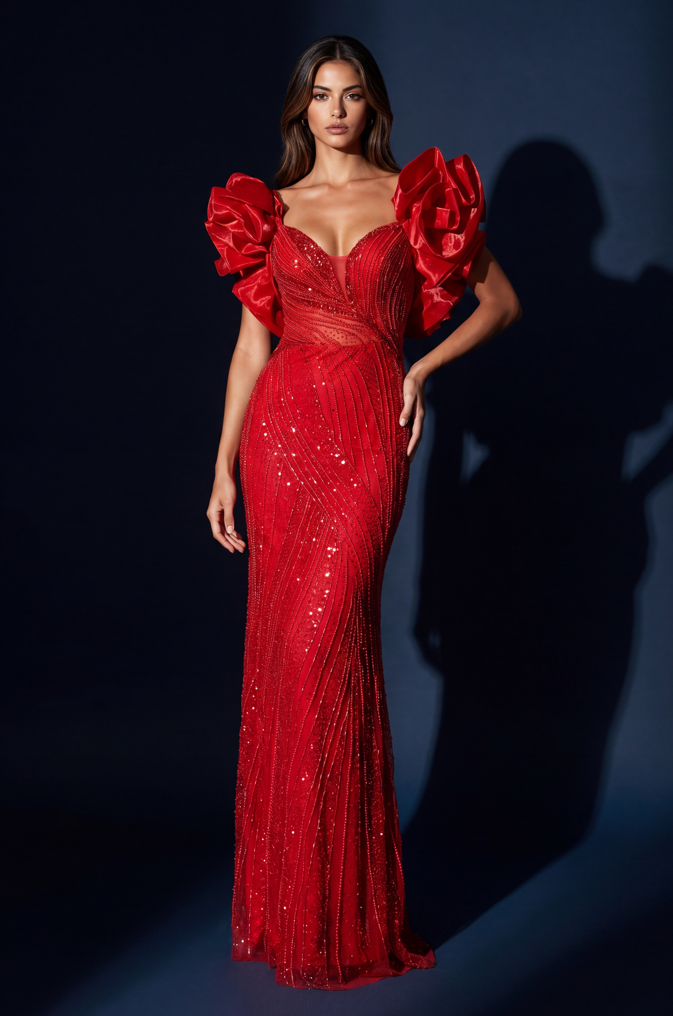 Formal Beaded Sequined Puff Sleeve Evening Gown