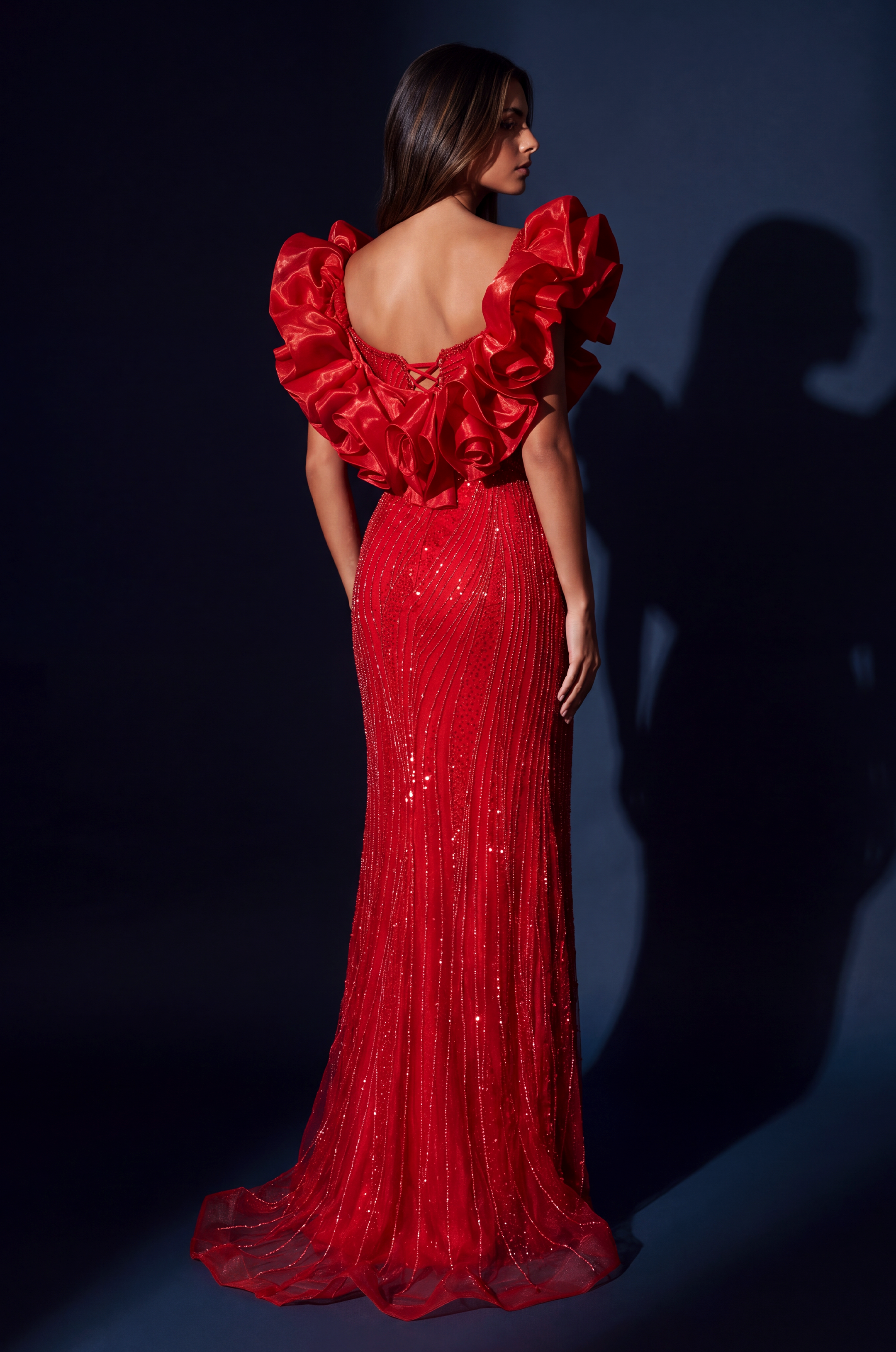 Formal Beaded Sequined Puff Sleeve Evening Gown