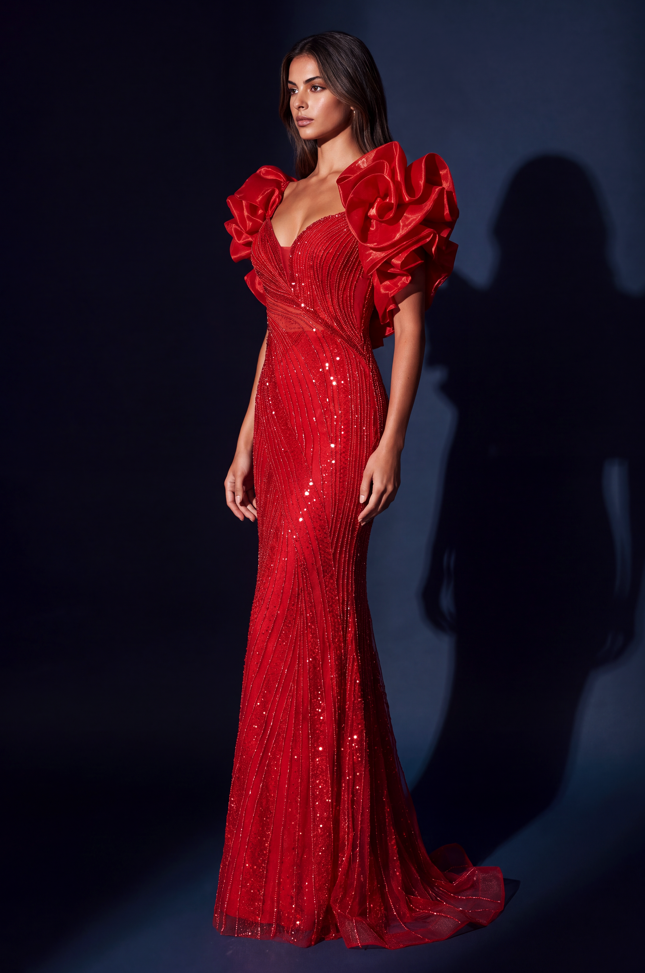 Formal Beaded Sequined Puff Sleeve Evening Gown
