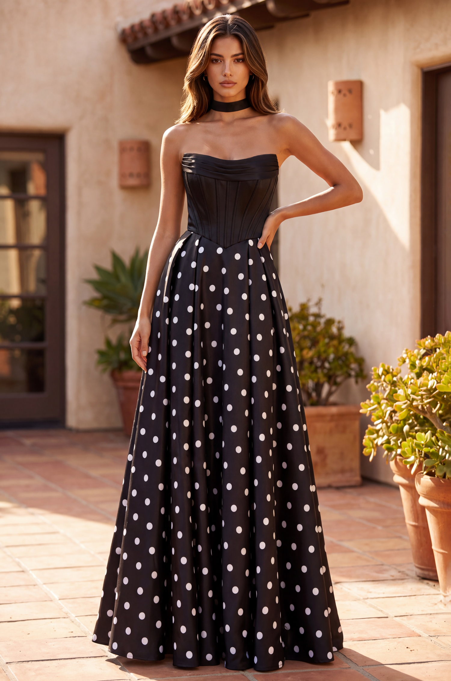 Long Sweetheart Polka Dot Prom Dress