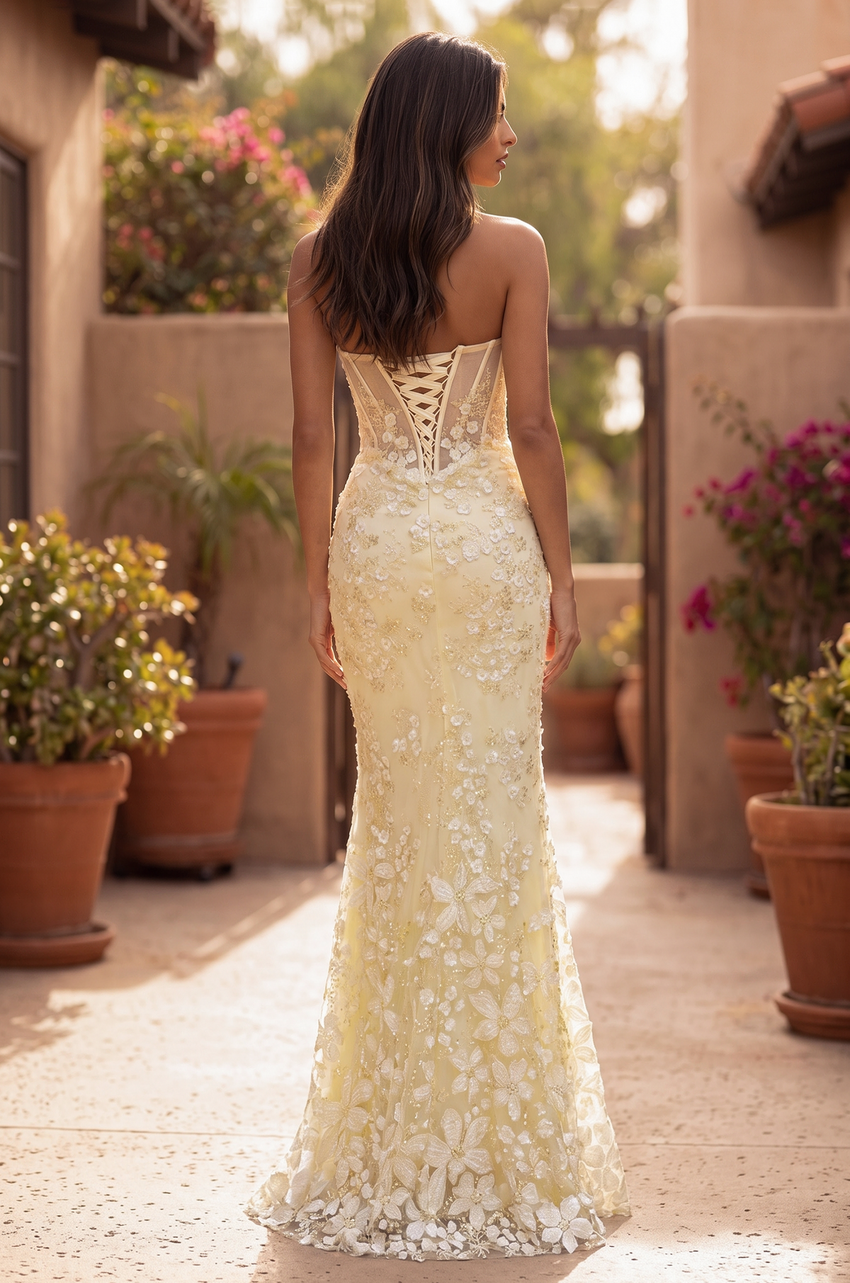 Prom Strapless Floral Beaded Corset Formal Dress
