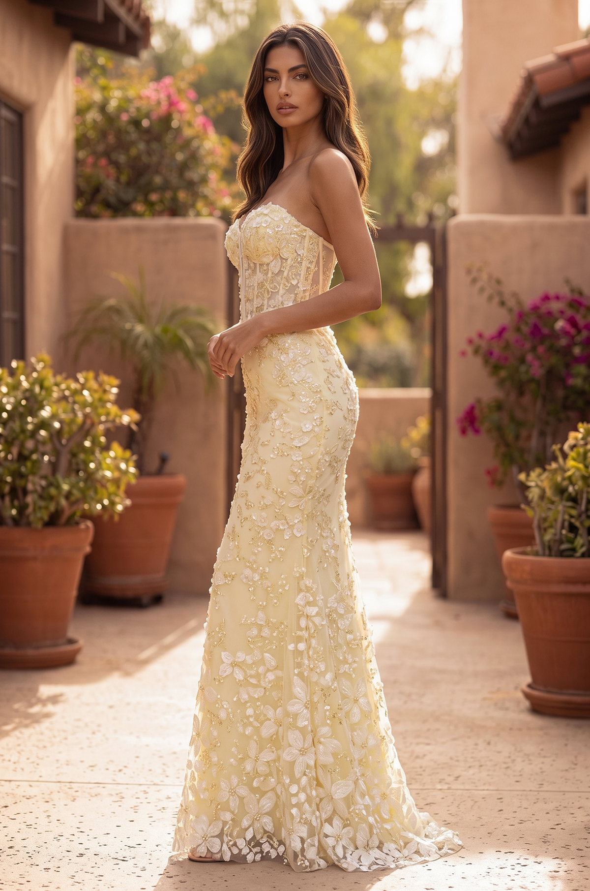 Prom Strapless Floral Beaded Corset Formal Dress