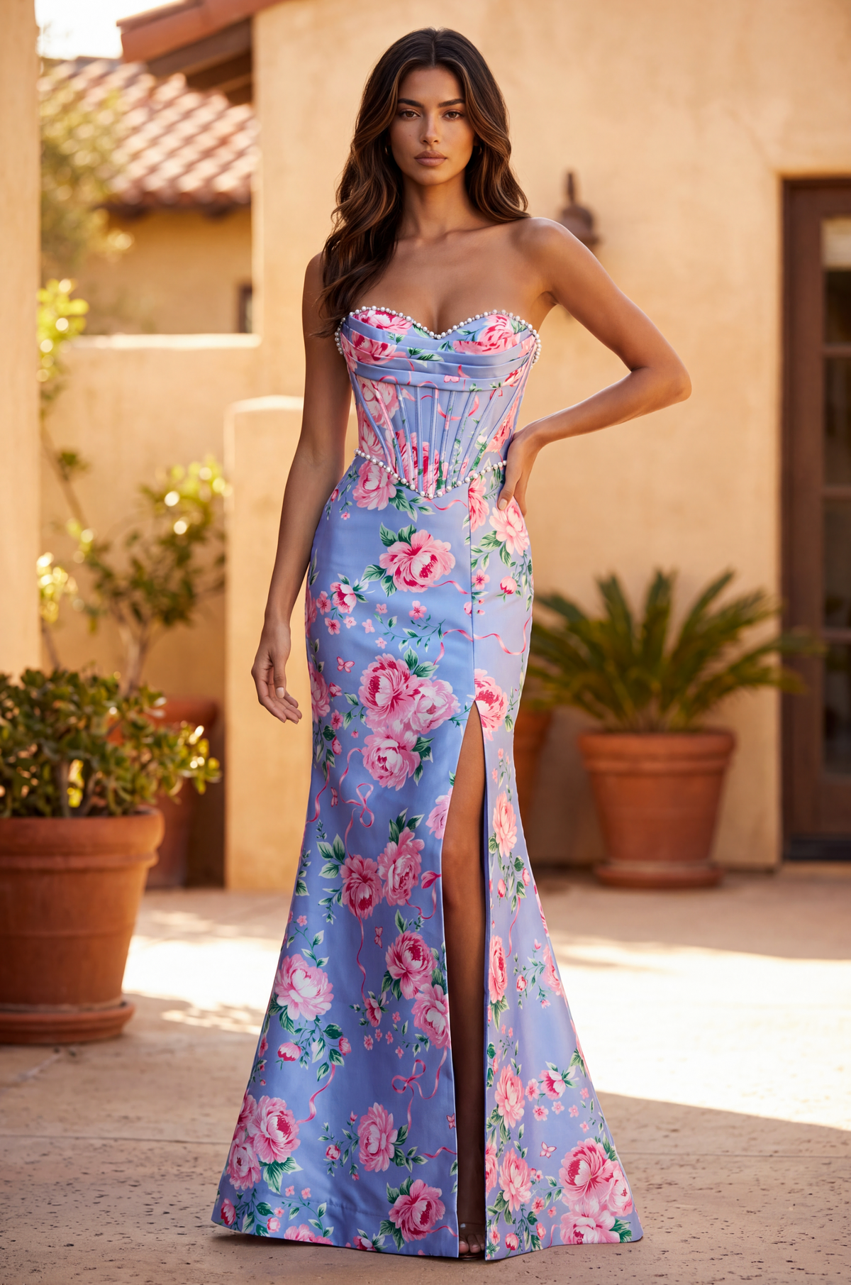 Formal Floral Satin Corset Prom Dress