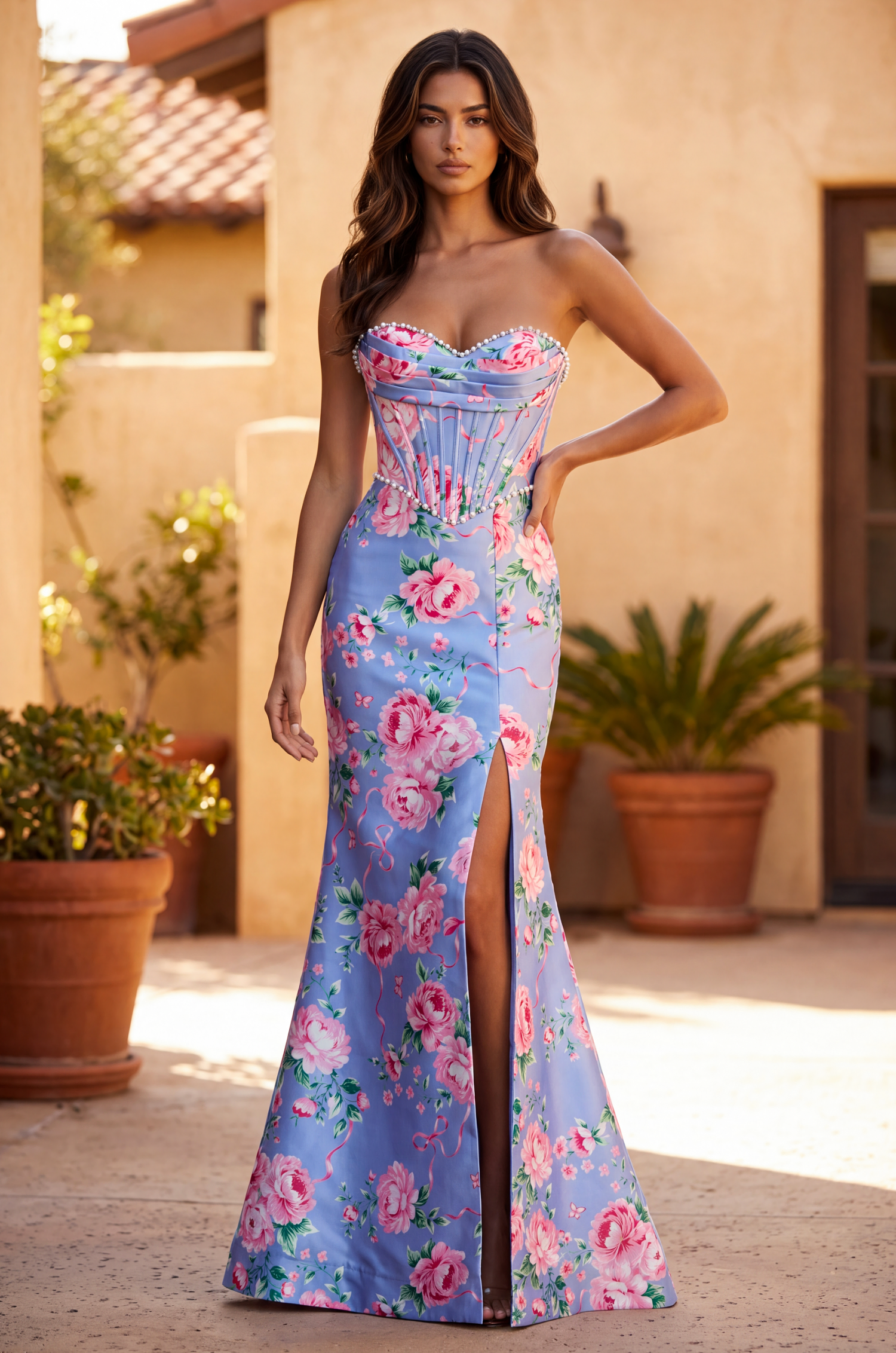 Formal Floral Satin Corset Prom Dress