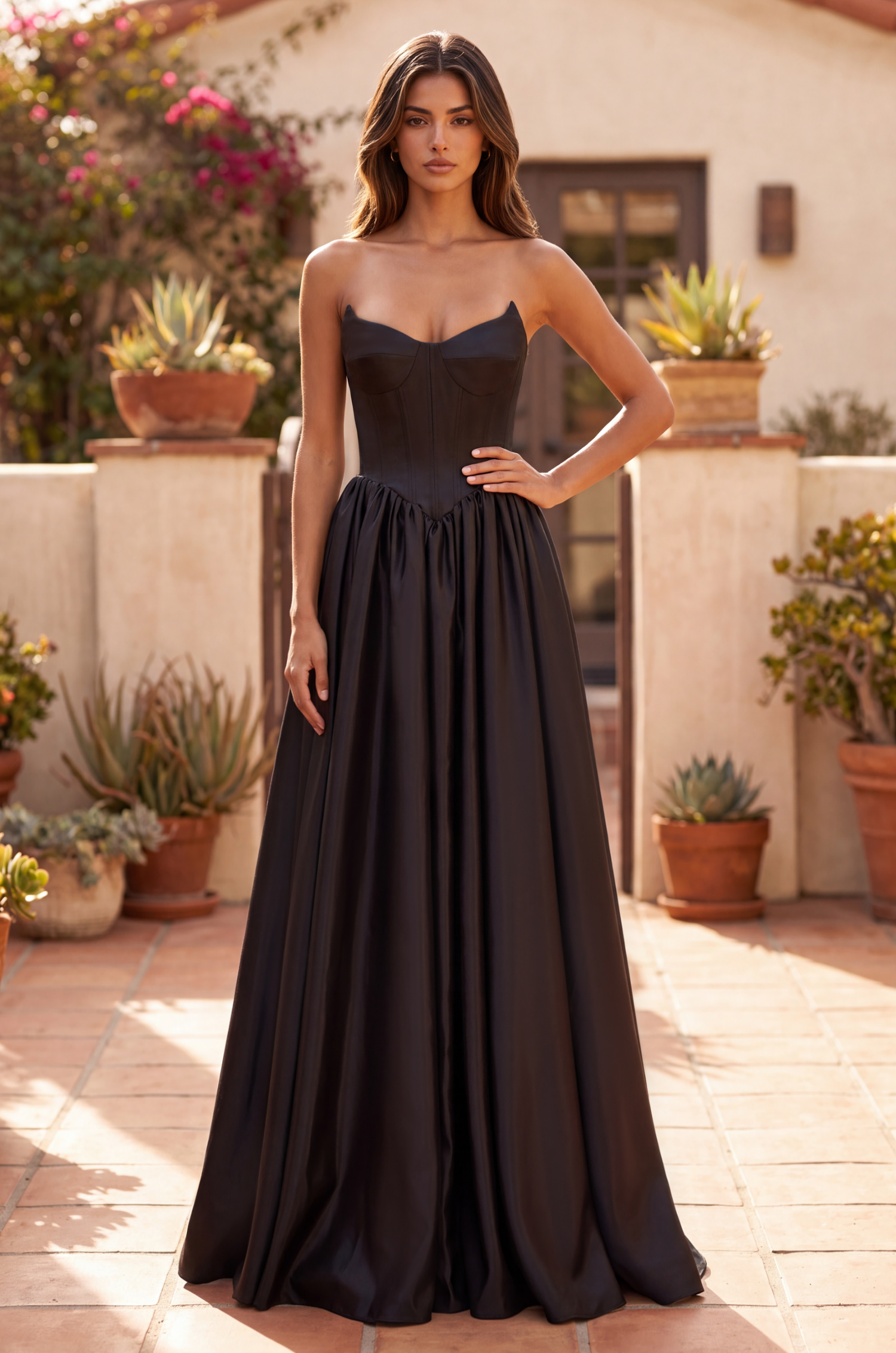 Full Skirt Satin Formal Gown with Drop Waist Corset Top and Pockets