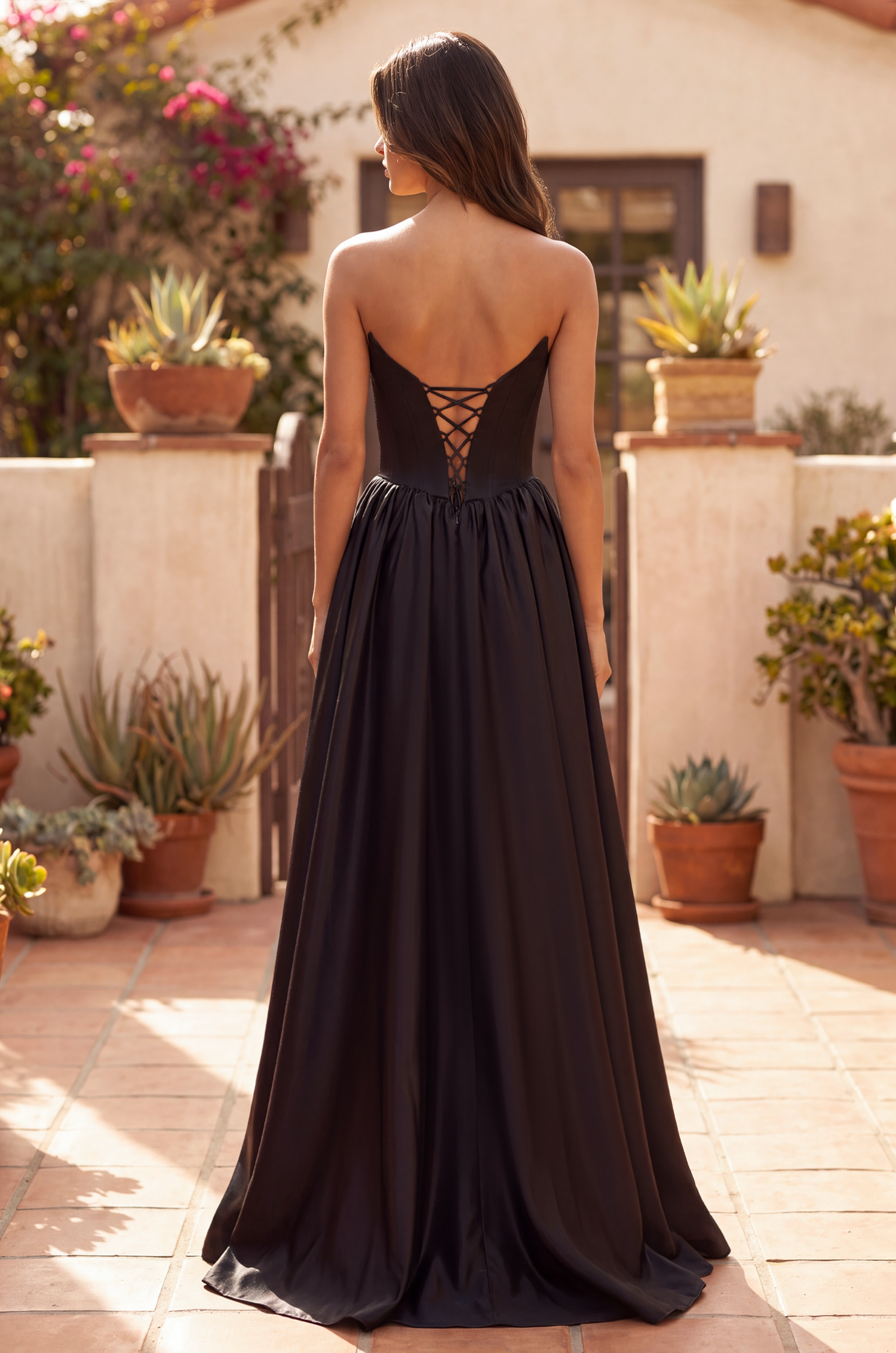 Full Skirt Satin Formal Gown with Drop Waist Corset Top and Pockets