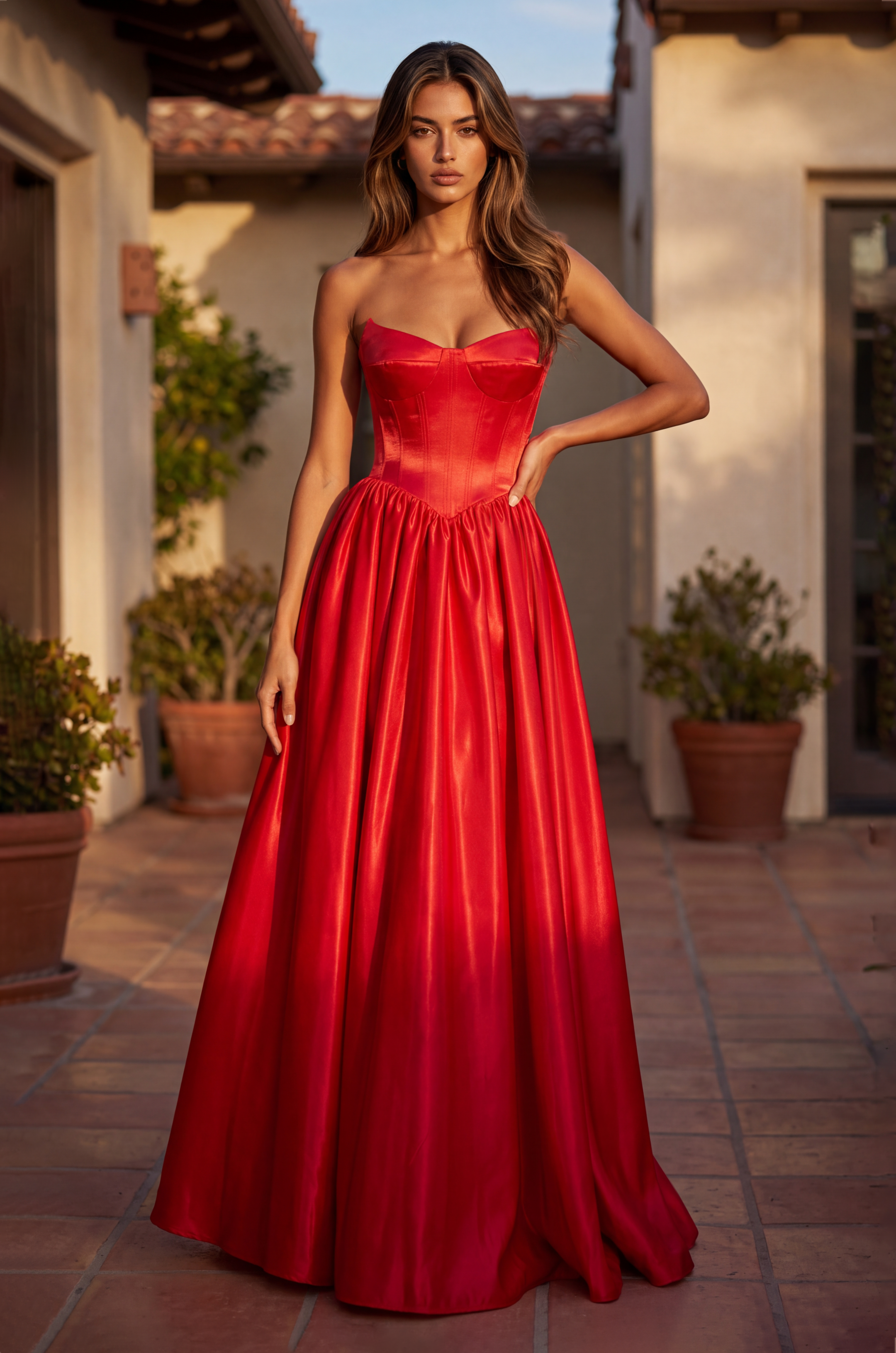 Full Skirt Satin Formal Gown with Drop Waist Corset Top and Pockets