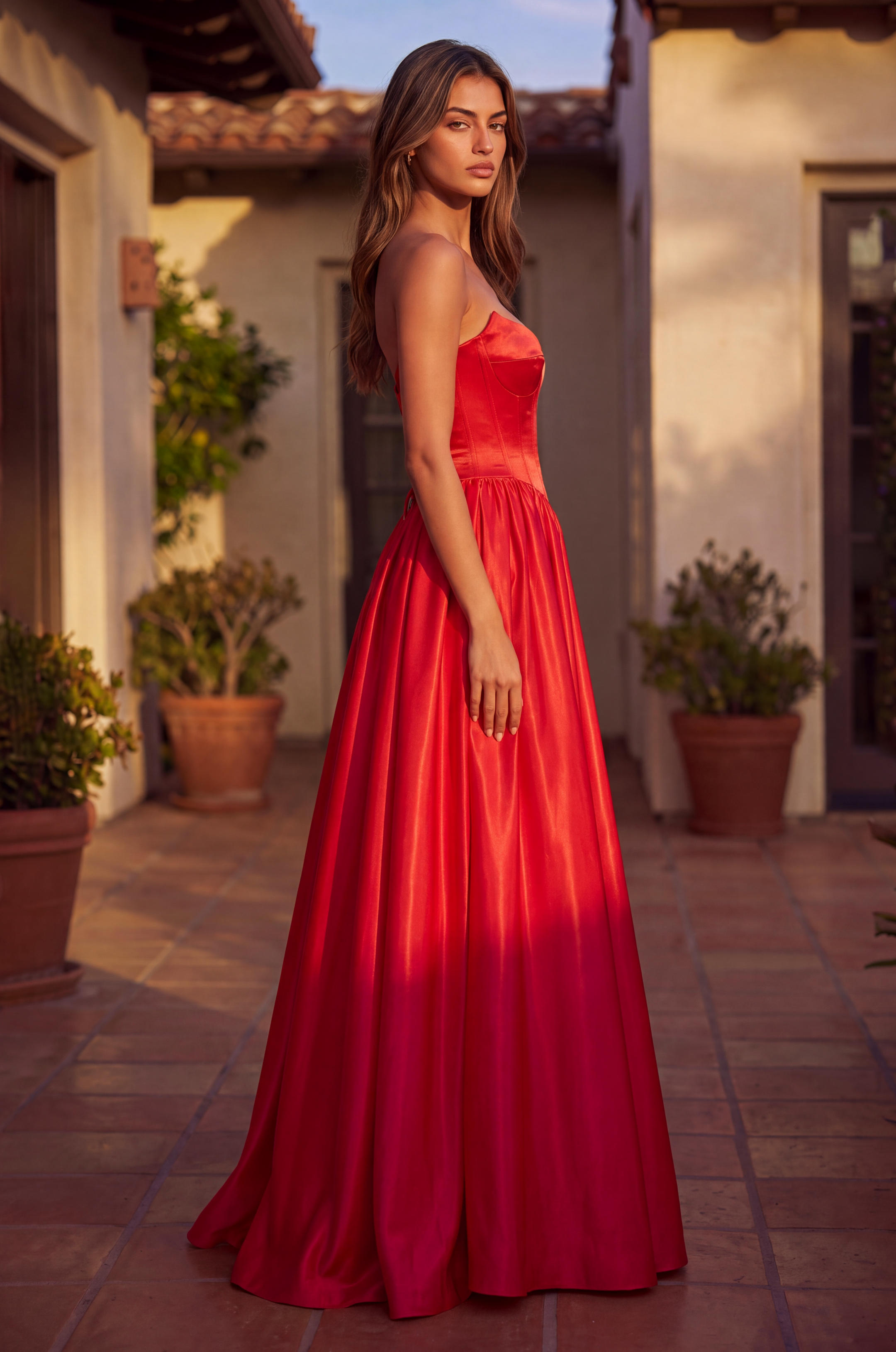 Full Skirt Satin Formal Gown with Drop Waist Corset Top and Pockets