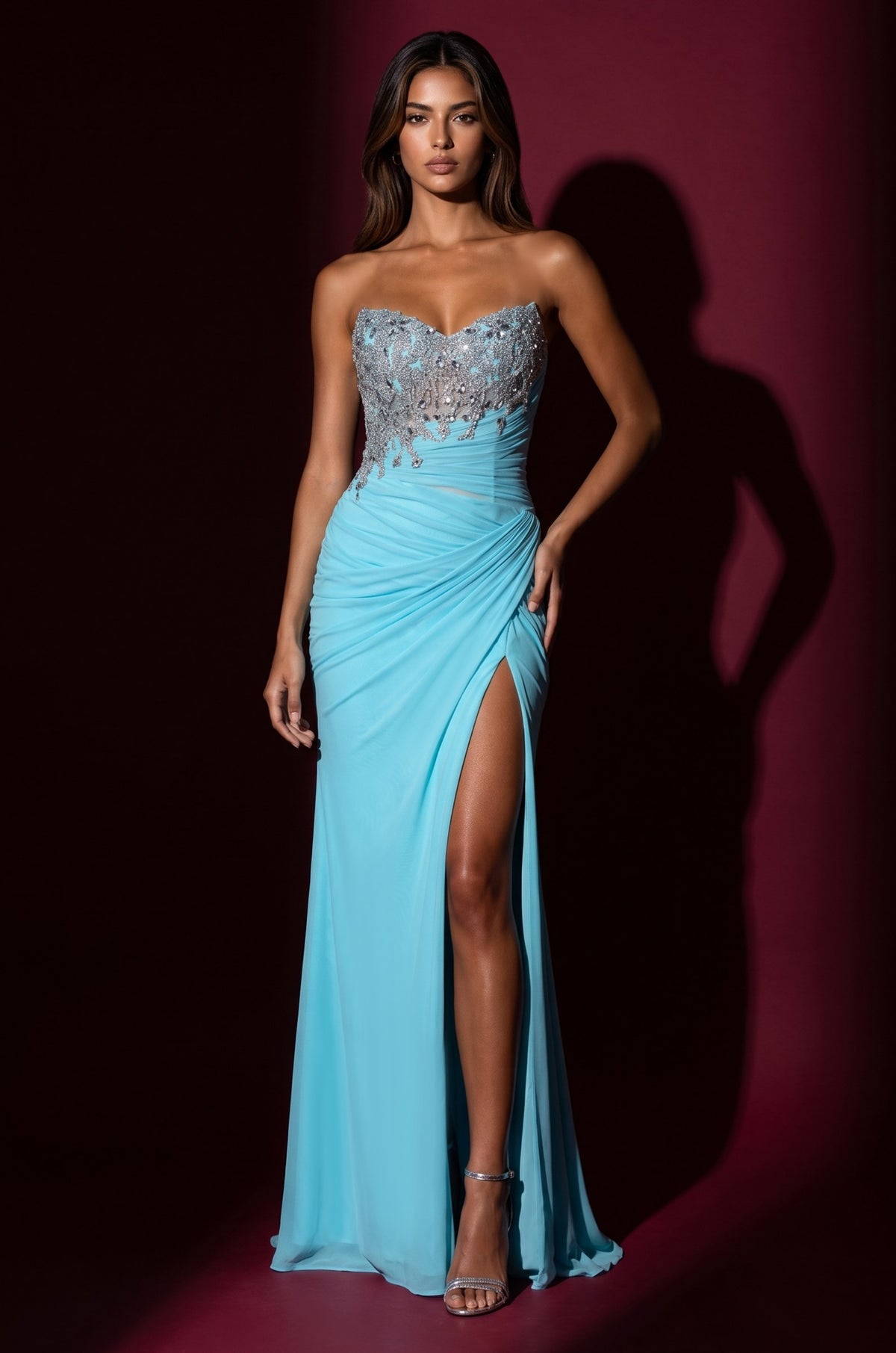 1695 Periwinkle strapless beaded ruched slit gown