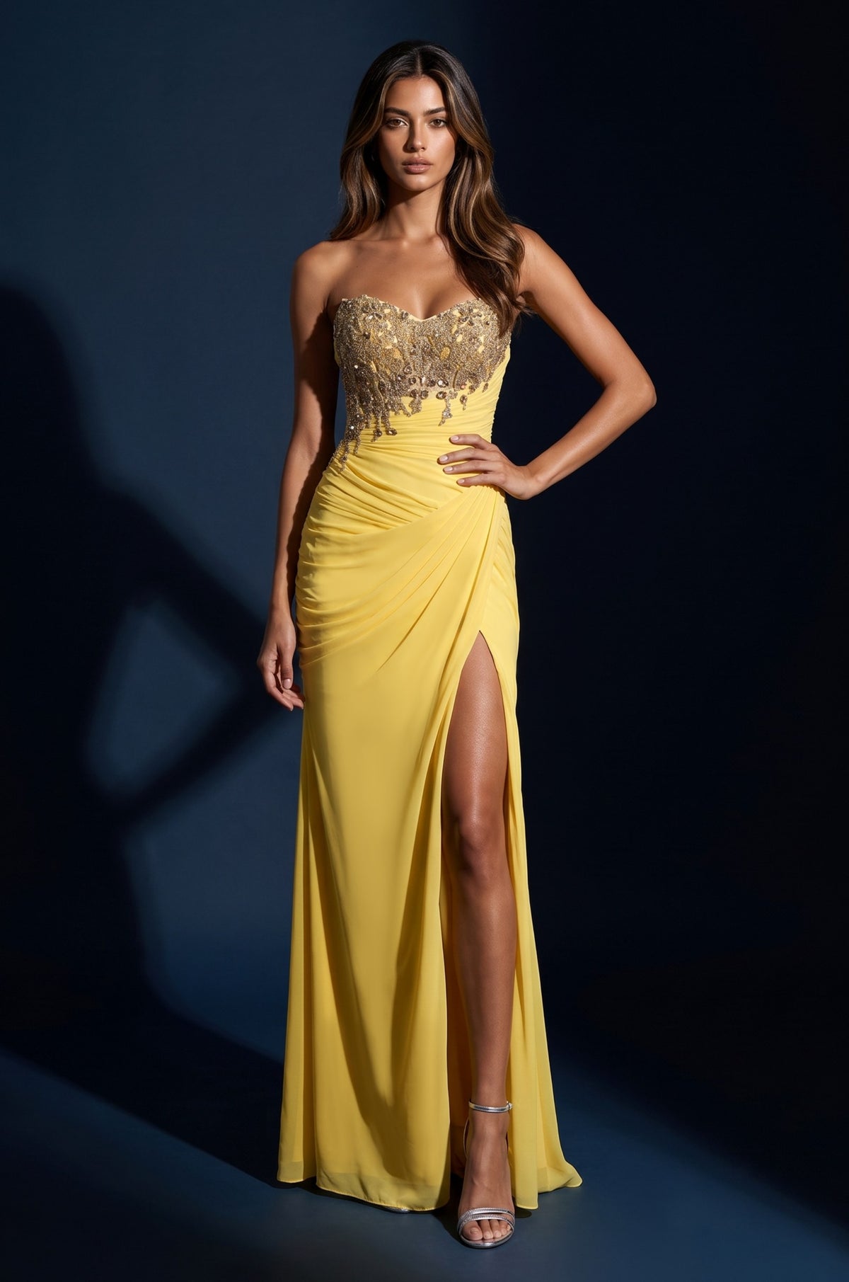 1695 Yellow strapless beaded ruched slit gown