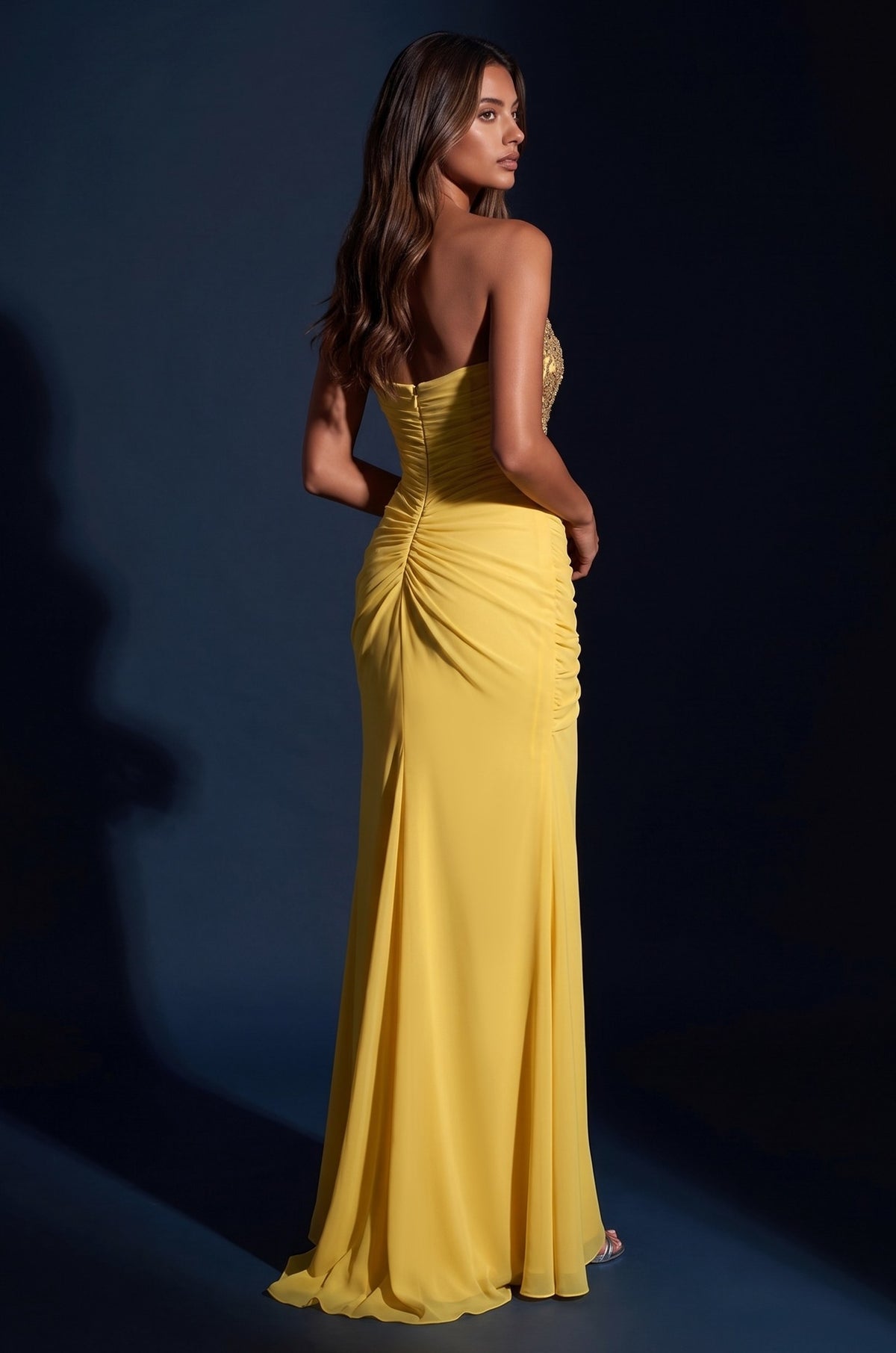 1695 Yellow strapless beaded ruched slit gown