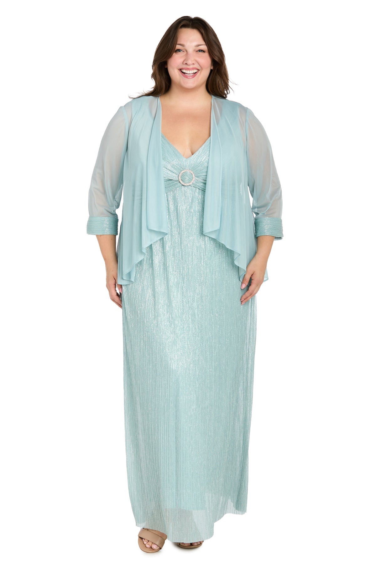 R&M Richards 1695W Long Formal Plus Size Cape Metallic Dress