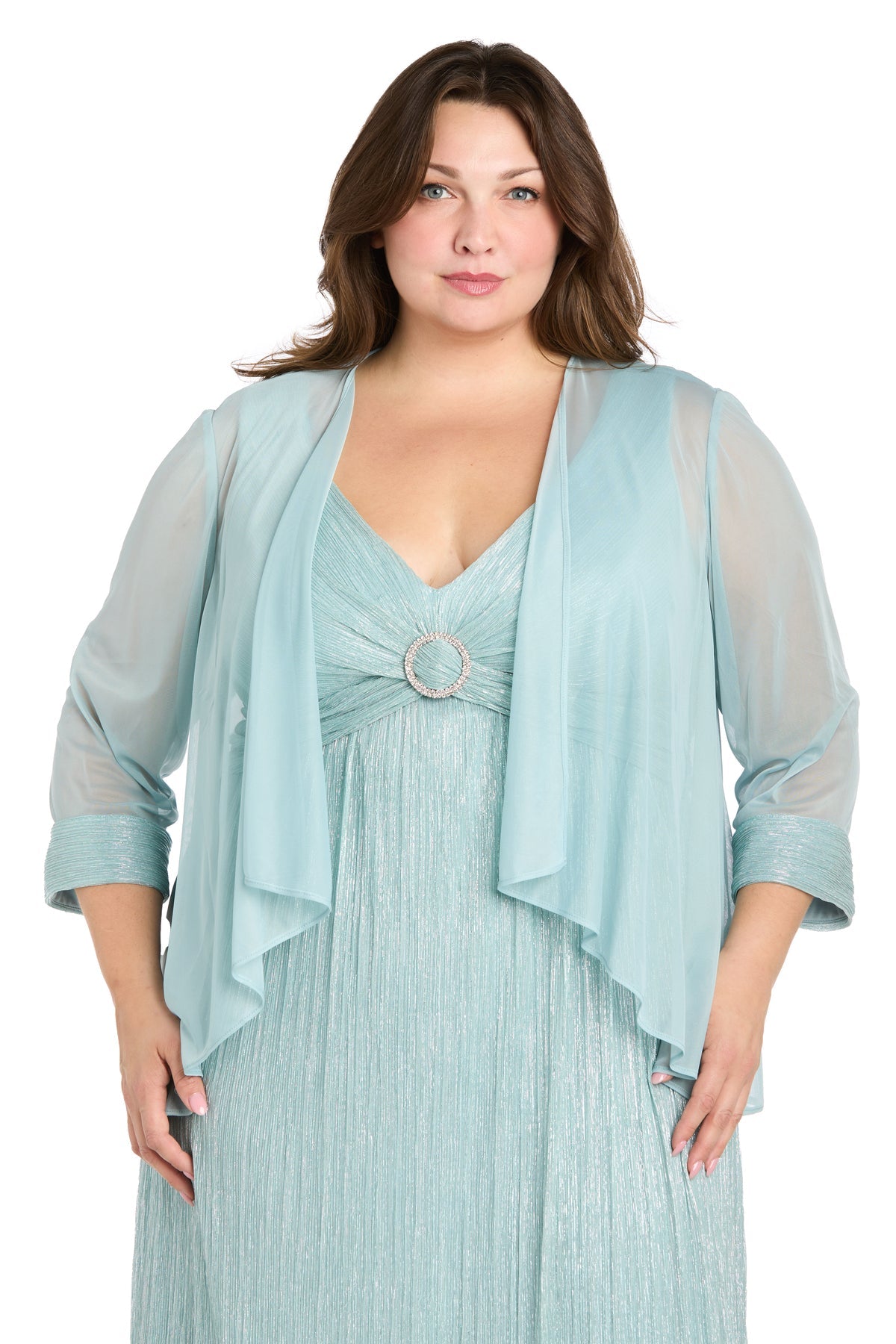 R&M Richards 1695W Long Formal Plus Size Cape Metallic Dress