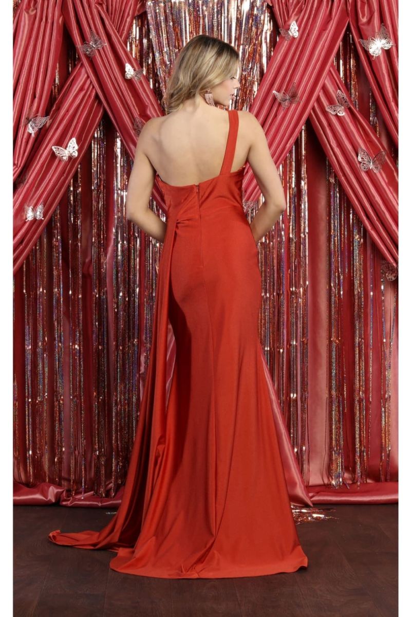 Rust One-Shoulder Floor-Length Jersey Formal Gown Side Train May Queen MQ1834