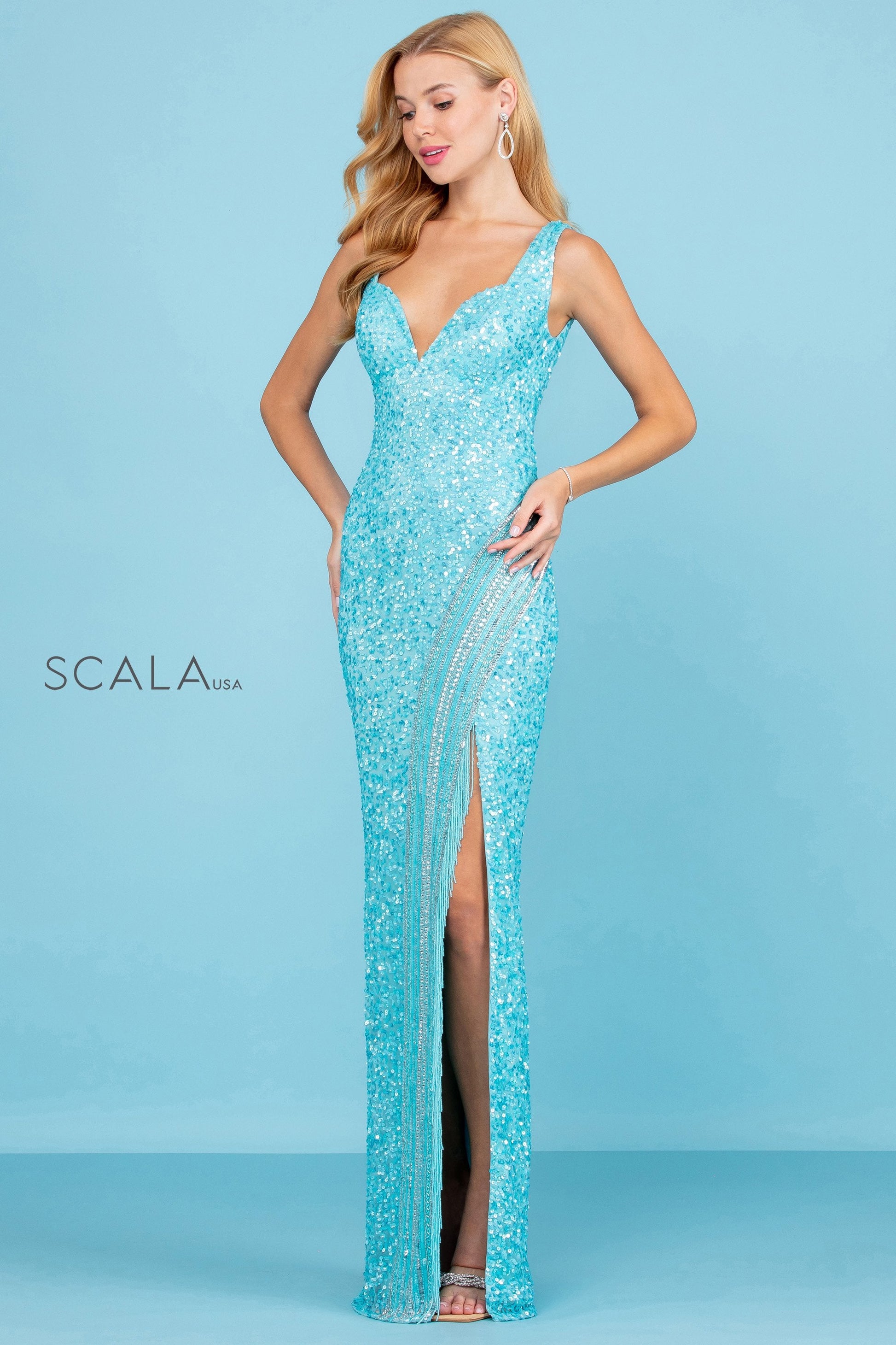 Scala 60259 Long Fitted Slit Formal Beaded Fringe Prom Dress