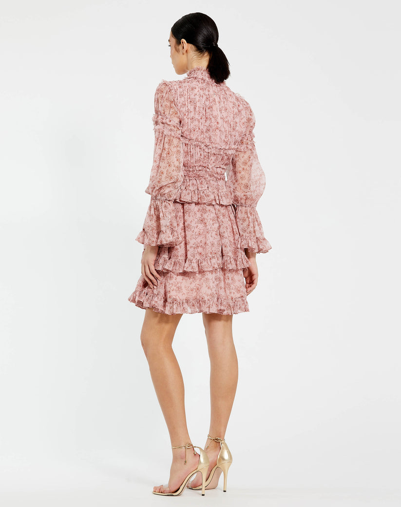 Cocktail Dresses Long Sleeve Floral Print Cocktail Mini Dress Cinnamon
