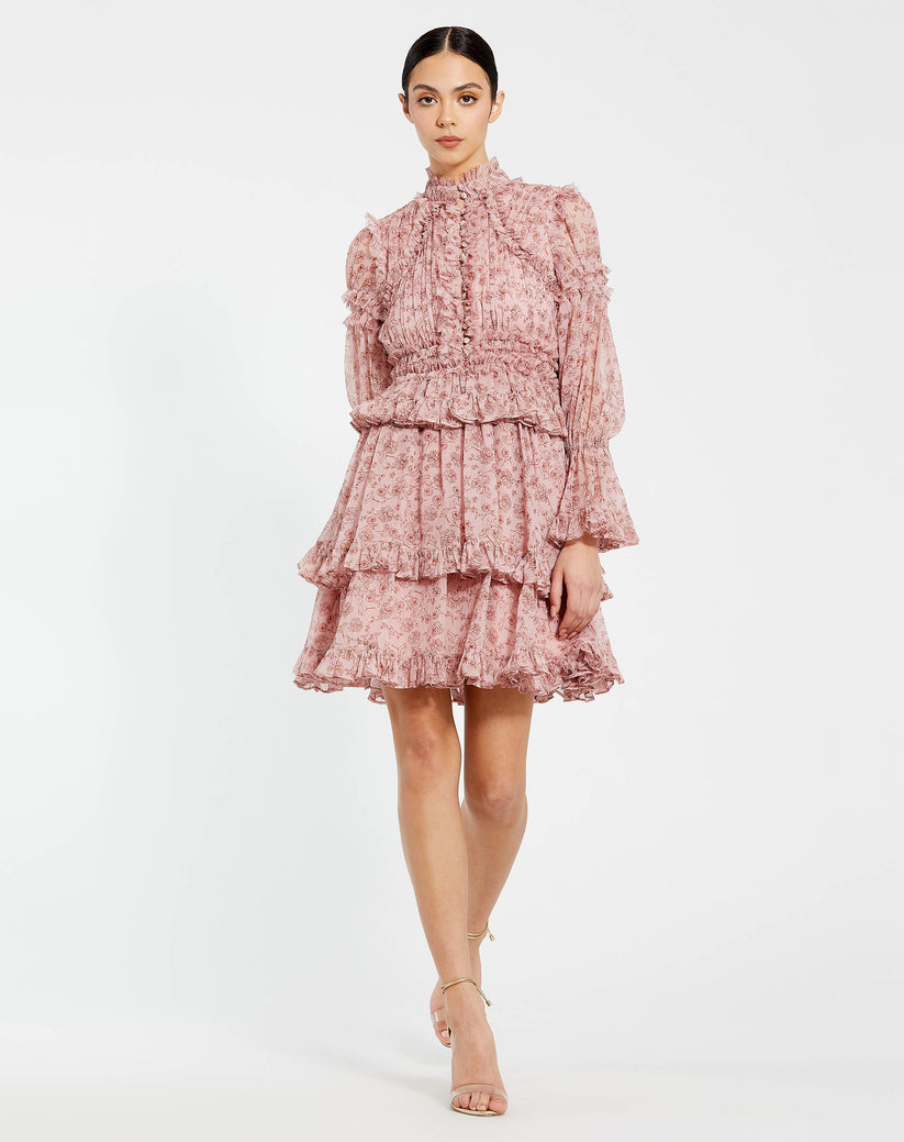 Pink Long Sleeve Mock Neck Ruffle Mini Dress | Mac Duggal Cinnamon / US 12 Pink Long Sleeve Mock Neck Ruffle Mini Dress | Mac Duggal Cinnamon / US 12