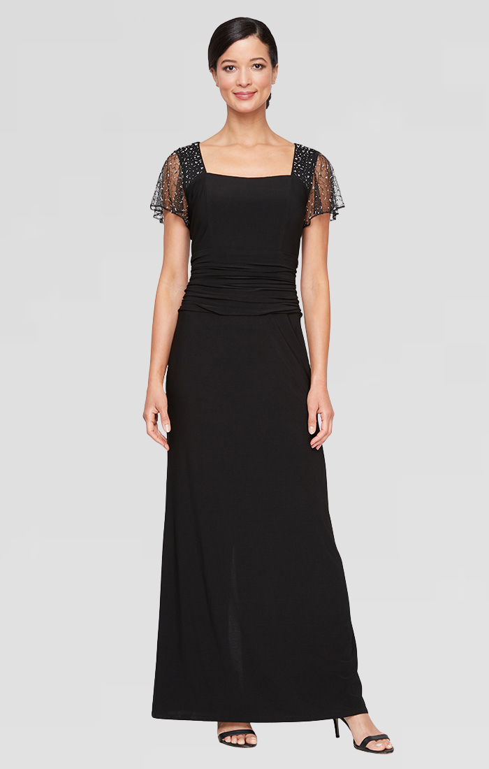 Black Square-Neck Floor-Length Jersey Evening Gown with Beaded Sleeves SL Fashions 9235254