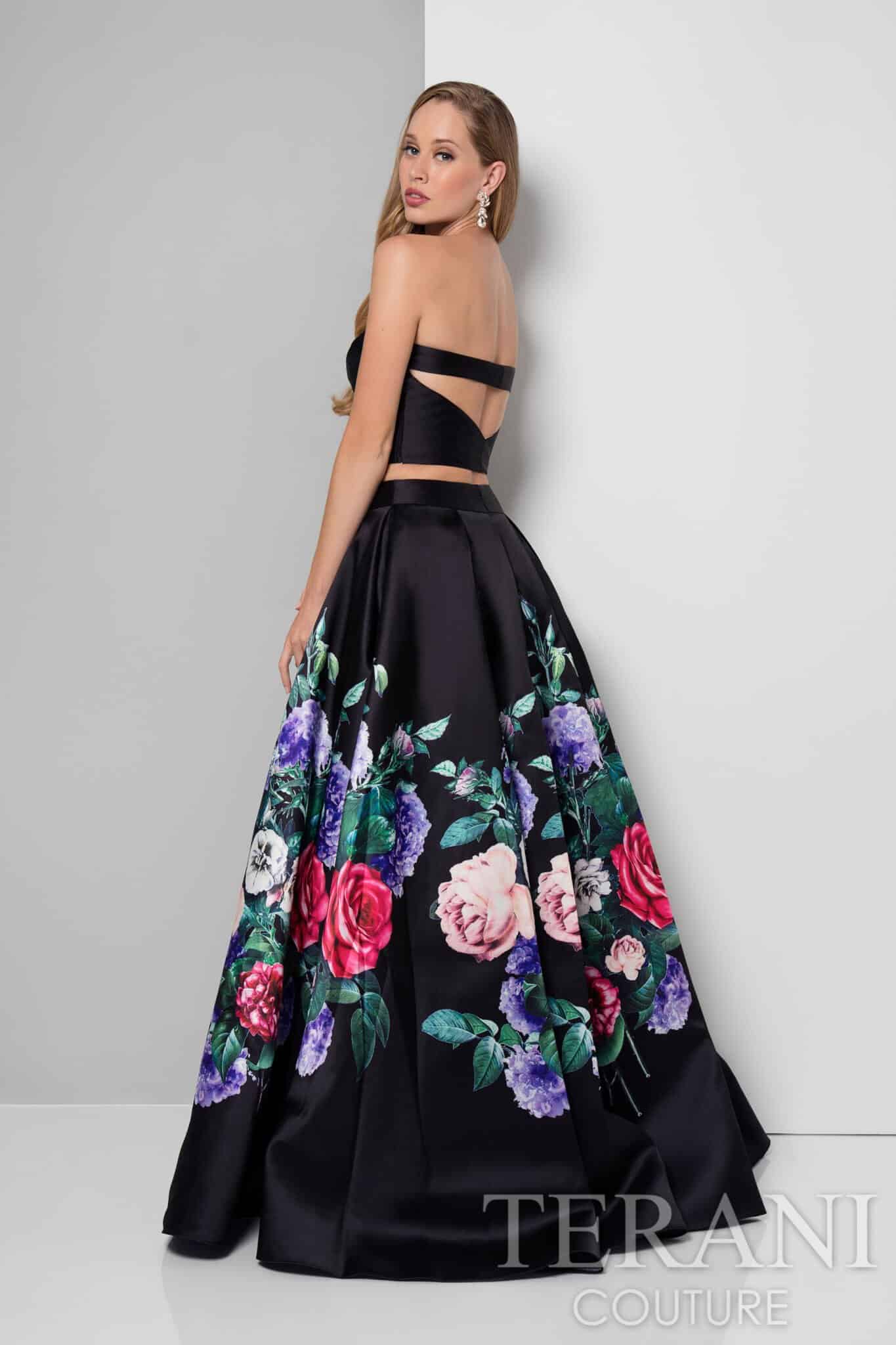 Prom Dresses A Line Floral Long Formal Pleated Prom Dress Black Multi