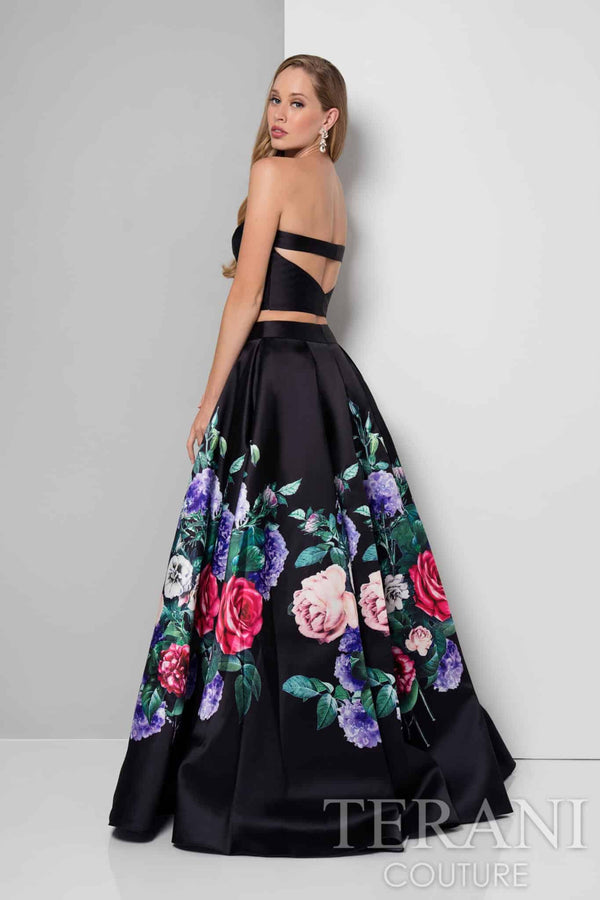 Terani Couture 1711P2703 A Line Floral Long Formal Pleated Prom Dress