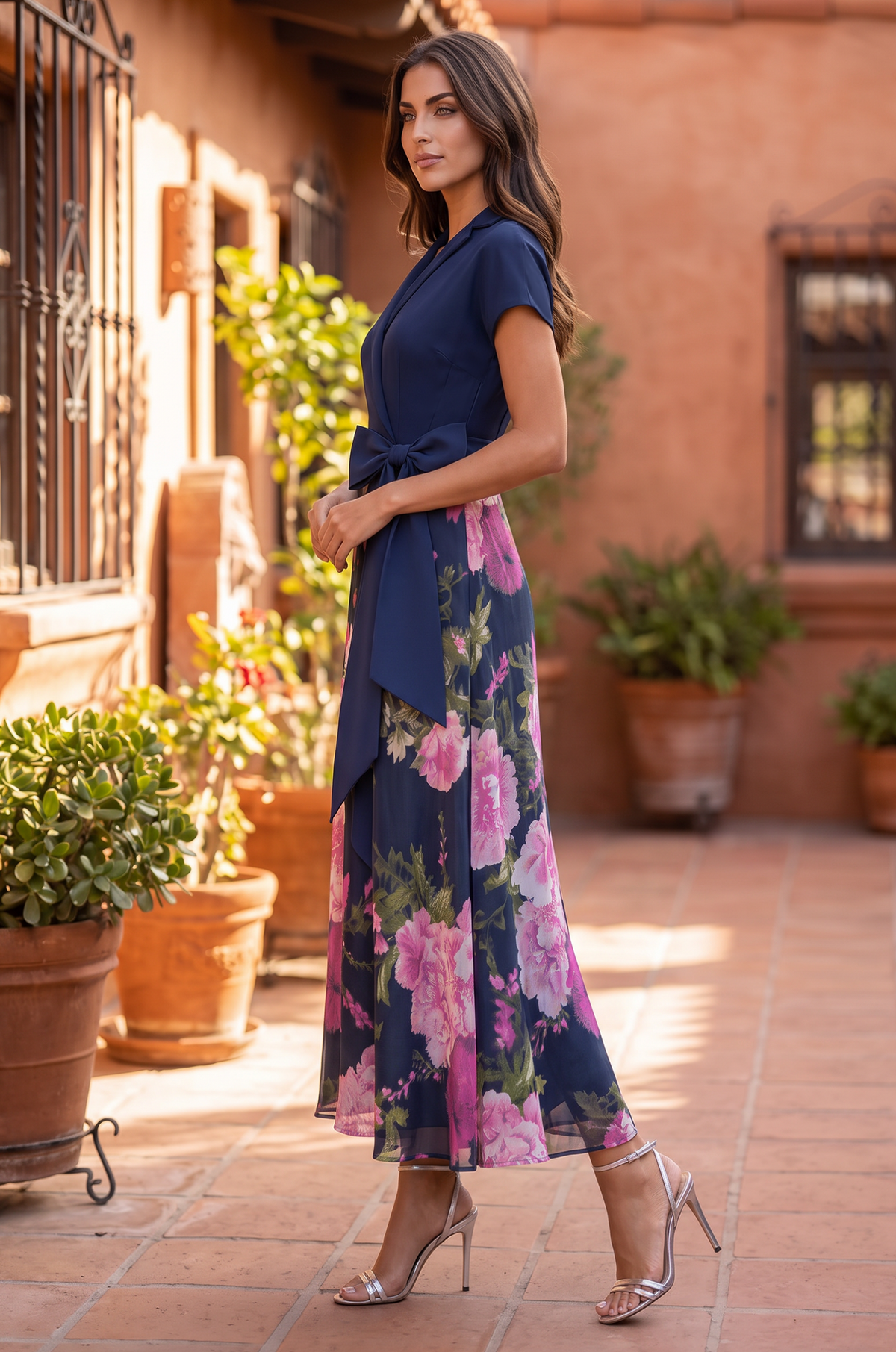 Formal Collar Floral Print A Line Cocktail Midi Dress