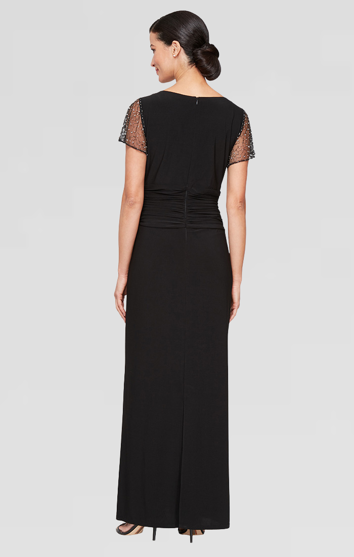 Black Square-Neck Floor-Length Jersey Evening Gown with Beaded Sleeves SL Fashions 9235254