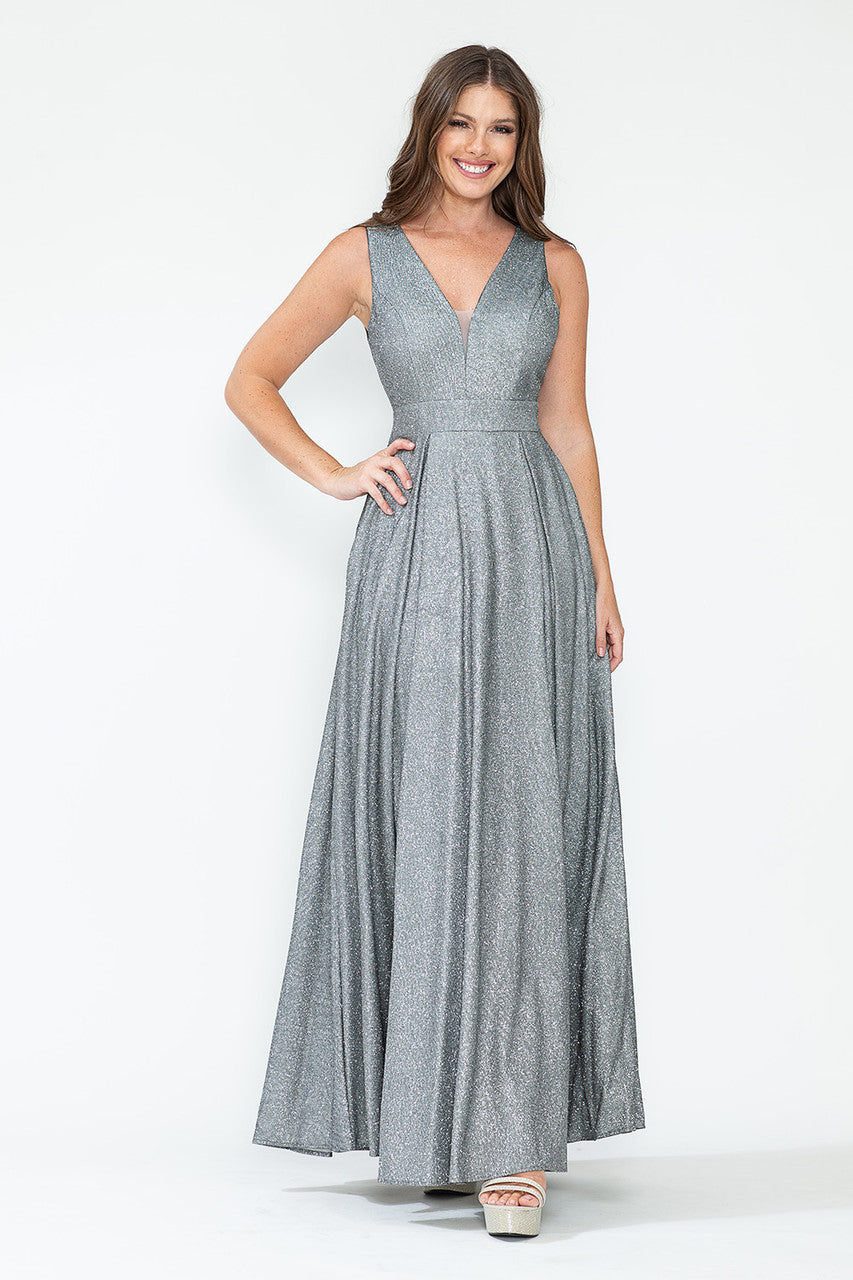 Formal Dresses Pleated Long Metallic Formal Prom Dress Lenovia 5256 Steel Silver