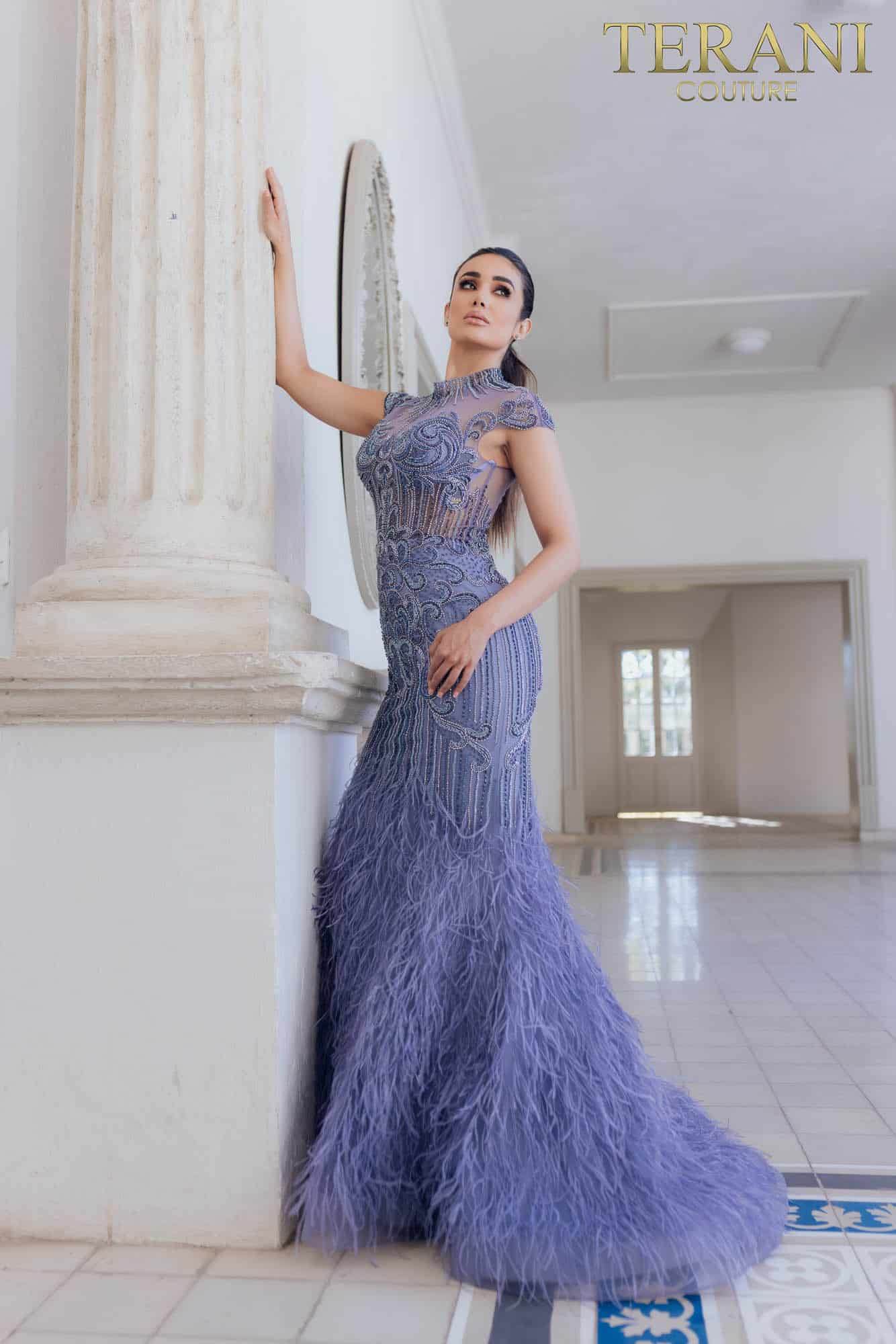 Terani Couture Fitted Long Prom Dress 1721GL4446 - The Dress Outlet Vintage Blue