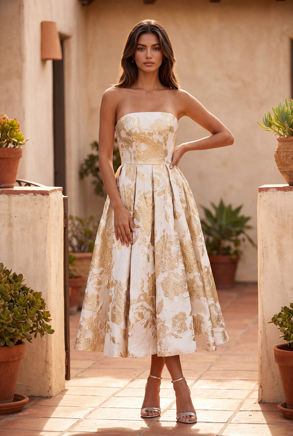Strapless Floral Brocade Midi Dress
