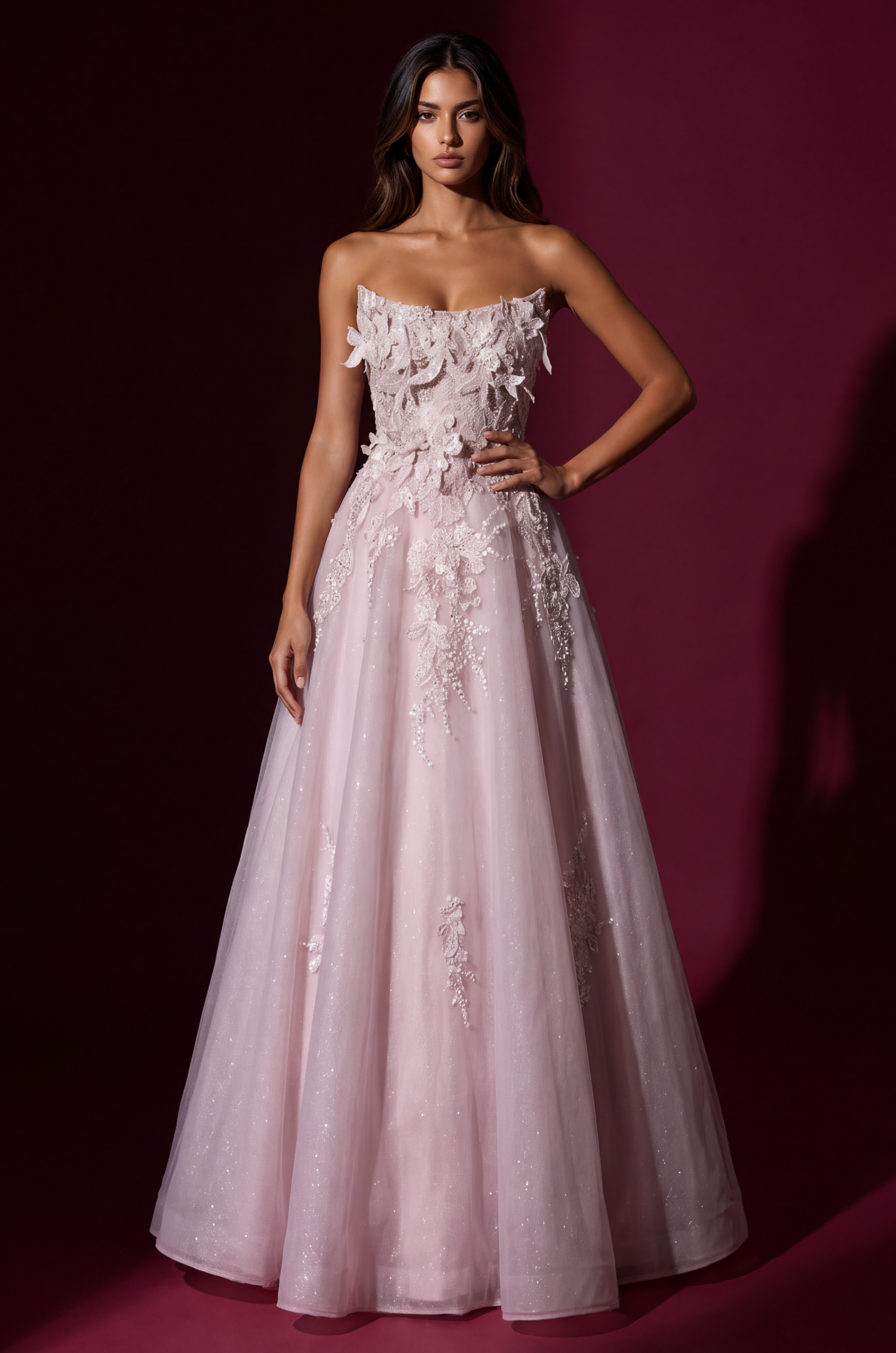 Prom Strapless 3D Floral Long Formal Dress