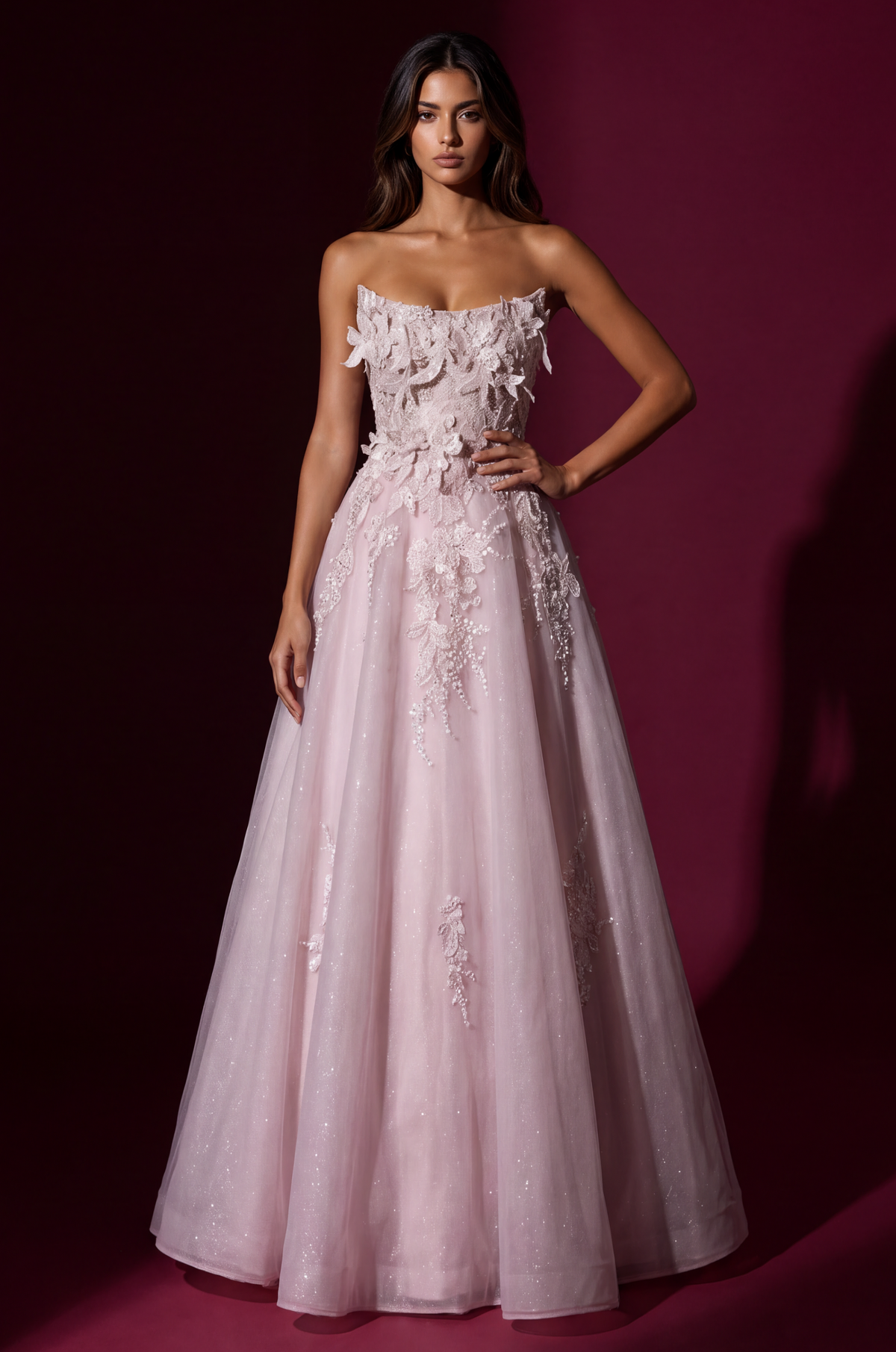 Prom Strapless 3D Floral Long Formal Dress