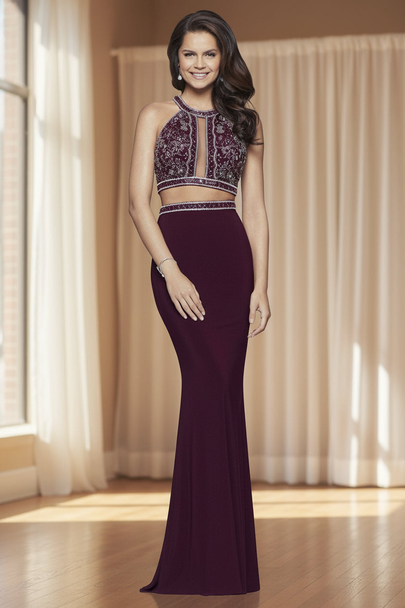 Prom Dresses Beaded Long Formal Two Piece Prom Dress Bordeaux
