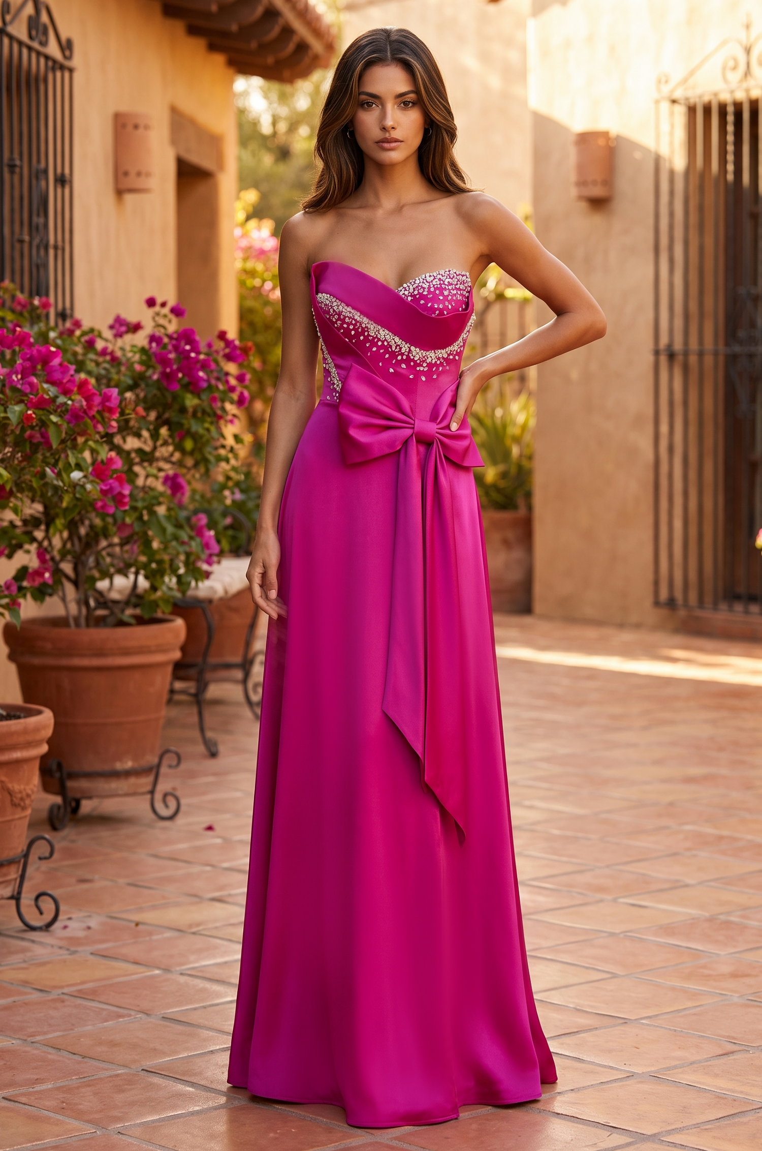 Front view of Strapless Sweetheart Bow Gown in Fuchsia