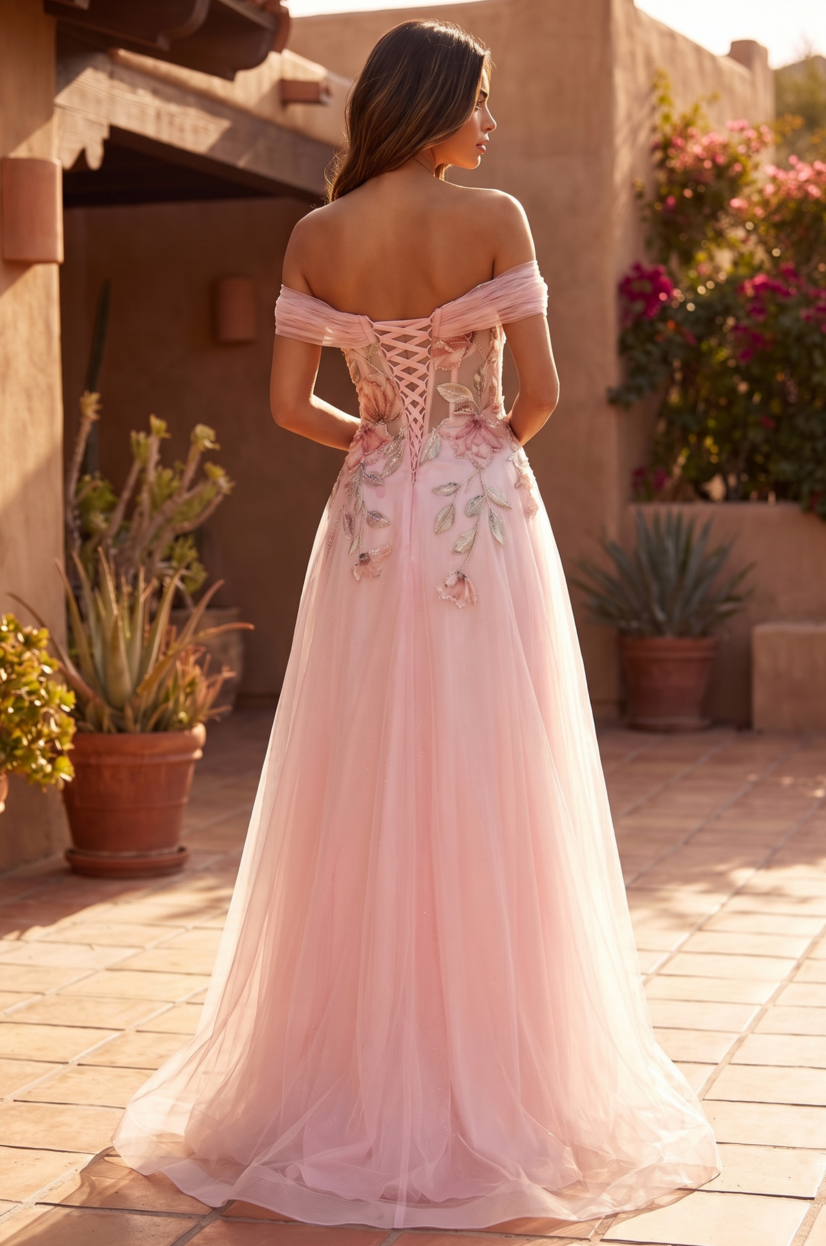 Back view showing the lace-up corset closure