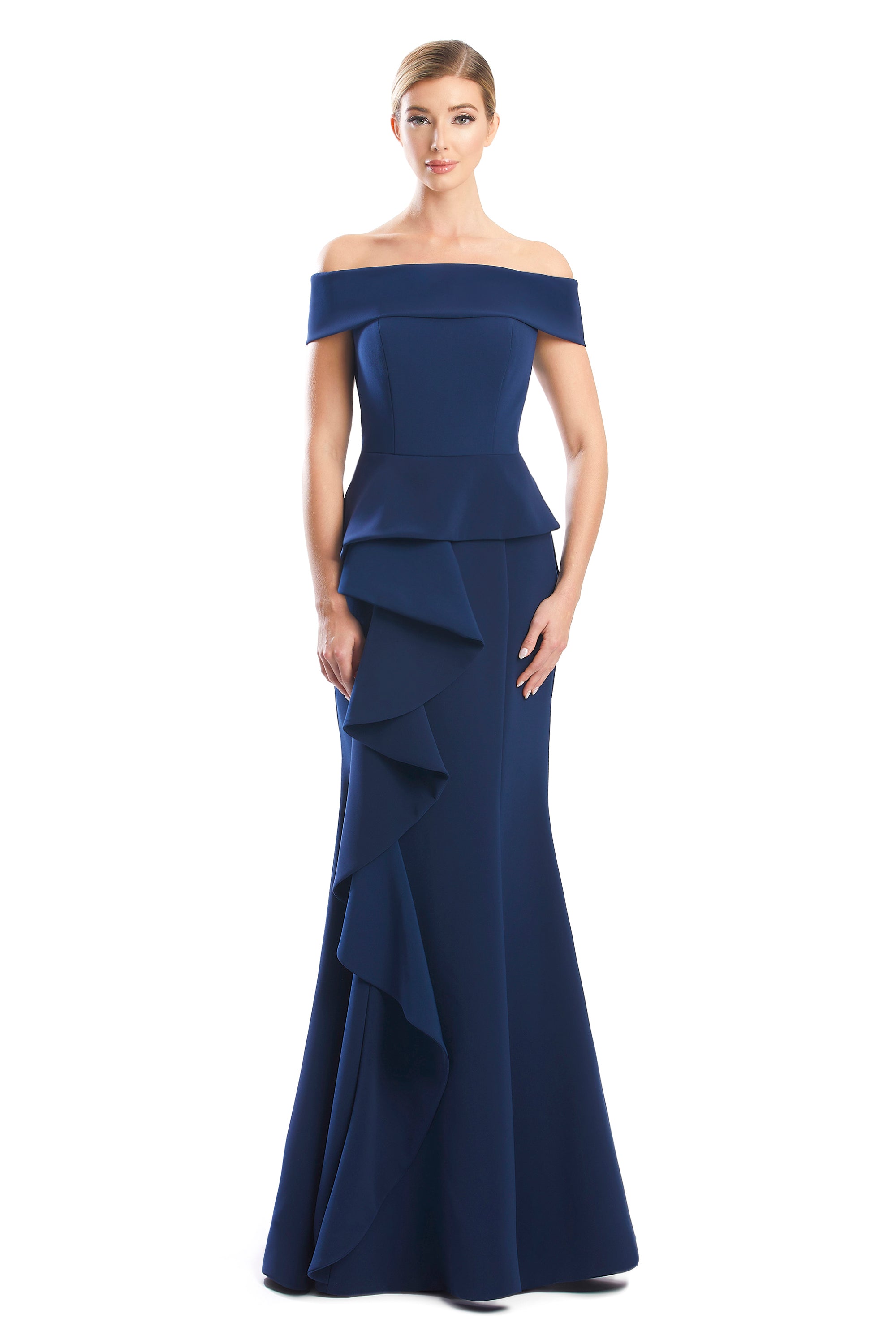 Formal Dresses Fitted Long Formal Peplum Evening Dress Navy