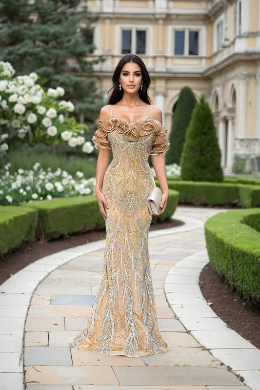 Formal Dresses Long Beaded Formal Ruffle Evening Dress Nude/Nude