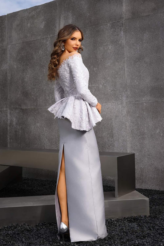 Formal Dresses Long Beaded Formal Evening Peplum Dress Silver