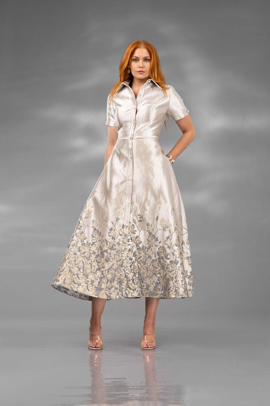 Cocktail Dresses Floral A Line Tea Length Cocktail Dress Silver Brown