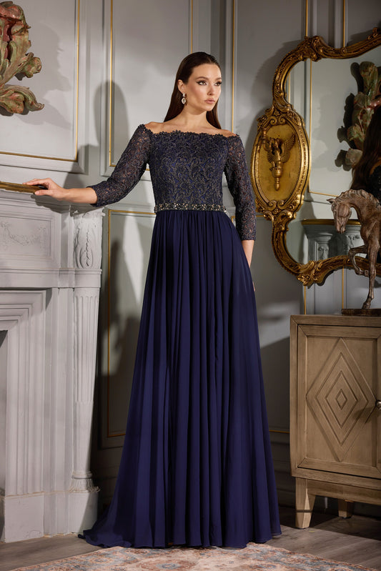 Mother of the Bride Dresses Long Formal Metallic Lace Evening Dress Navy