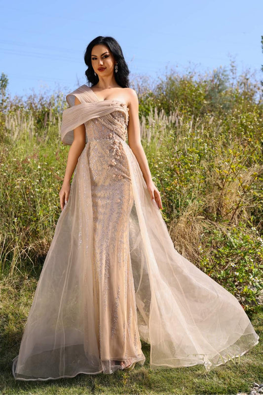 Formal Dresses Long Evening Fitted Formal Overskirt Dress Nude