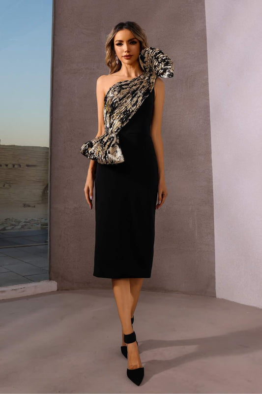 Cocktail Dresses Fitted Short Cocktail Midi Dress Black Gold
