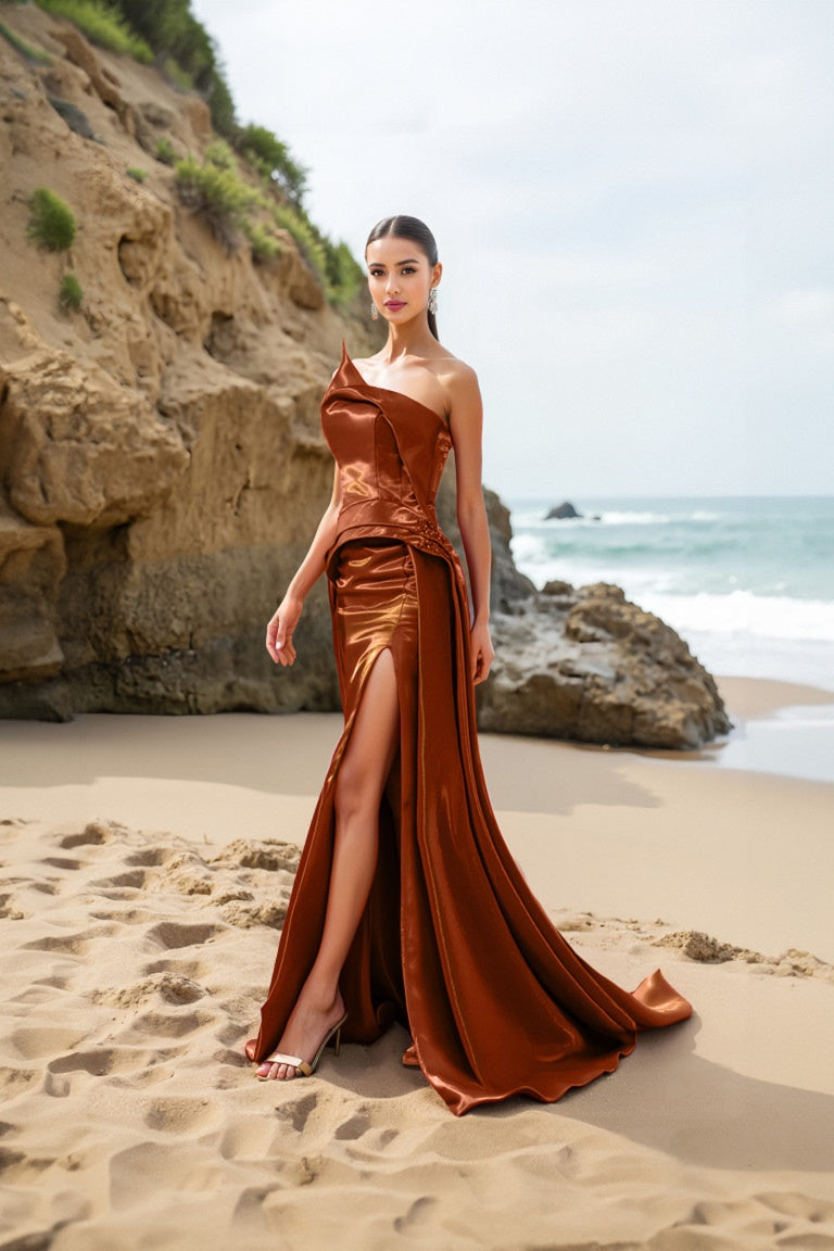Formal Dresses Fitted Formal Slit Long Evening Dress Cognac