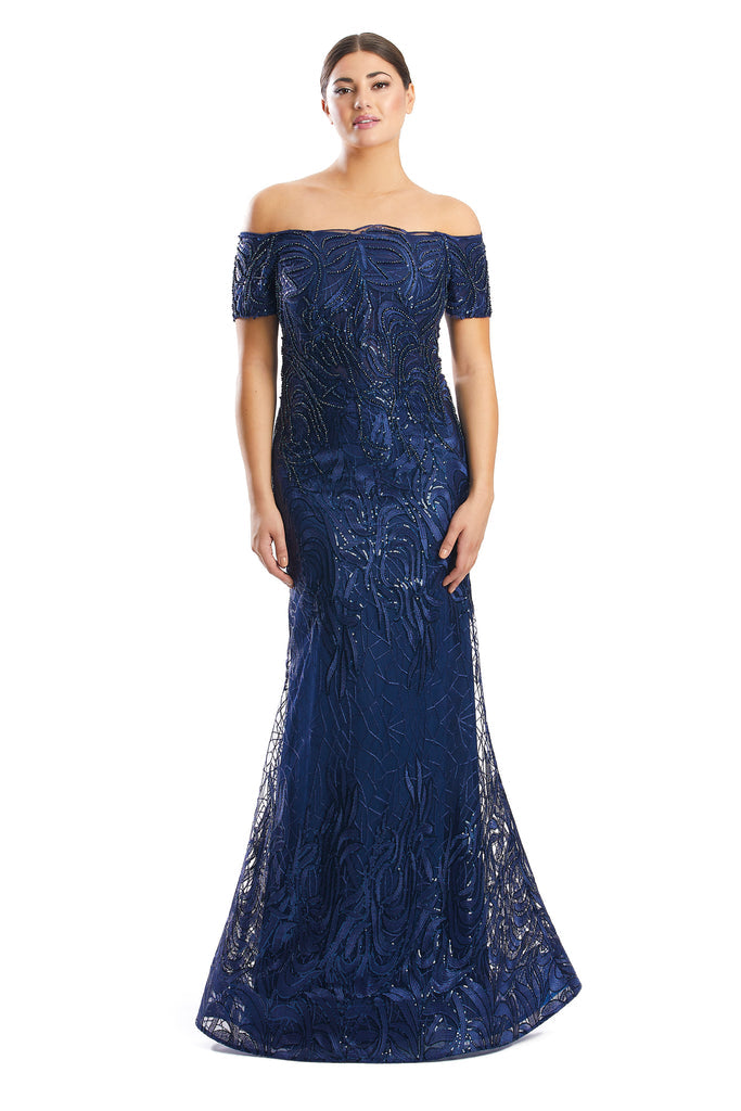Formal Dresses Fitted Long Formal Beaded Evening Dress Navy
