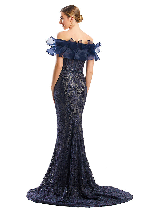 Prom Dresses Fitted Long Formal Lace Evening Prom Dress Navy