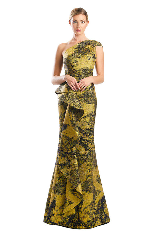 FormalDresses Long Printed Formal Metallic Peplum Evening Dress Black/Gold