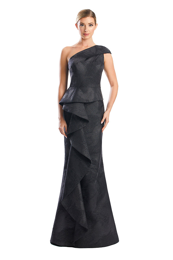 FormalDresses Long Printed Formal Metallic Peplum Evening Dress Black