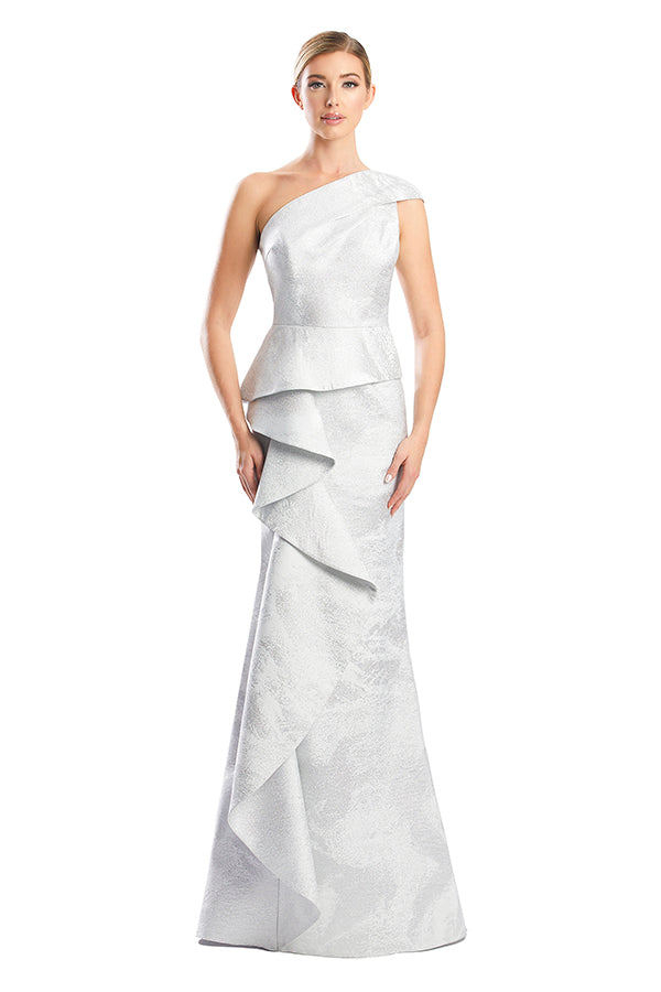 Alexander by Daymor 1782S23 Long Printed Formal Metallic Peplum Evening Dress