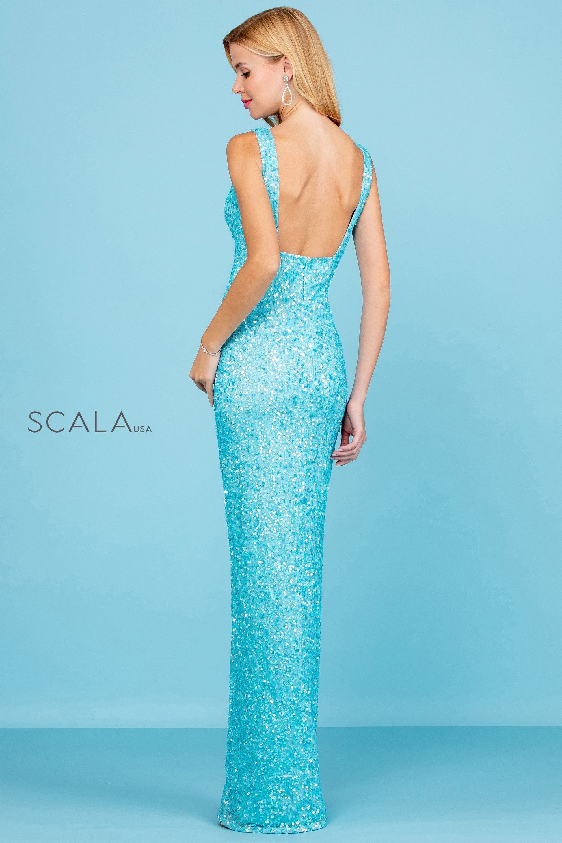 Scala 60259 Long Fitted Slit Formal Beaded Fringe Prom Dress