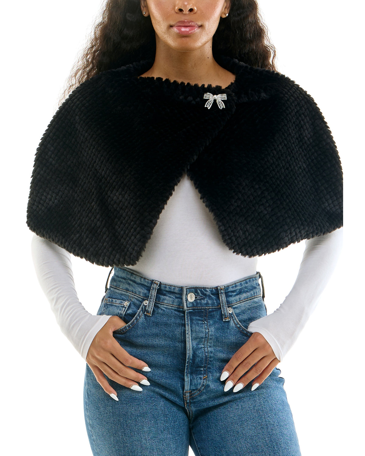 Nina Leonard L4418AF Black faux-fur caplet, front view